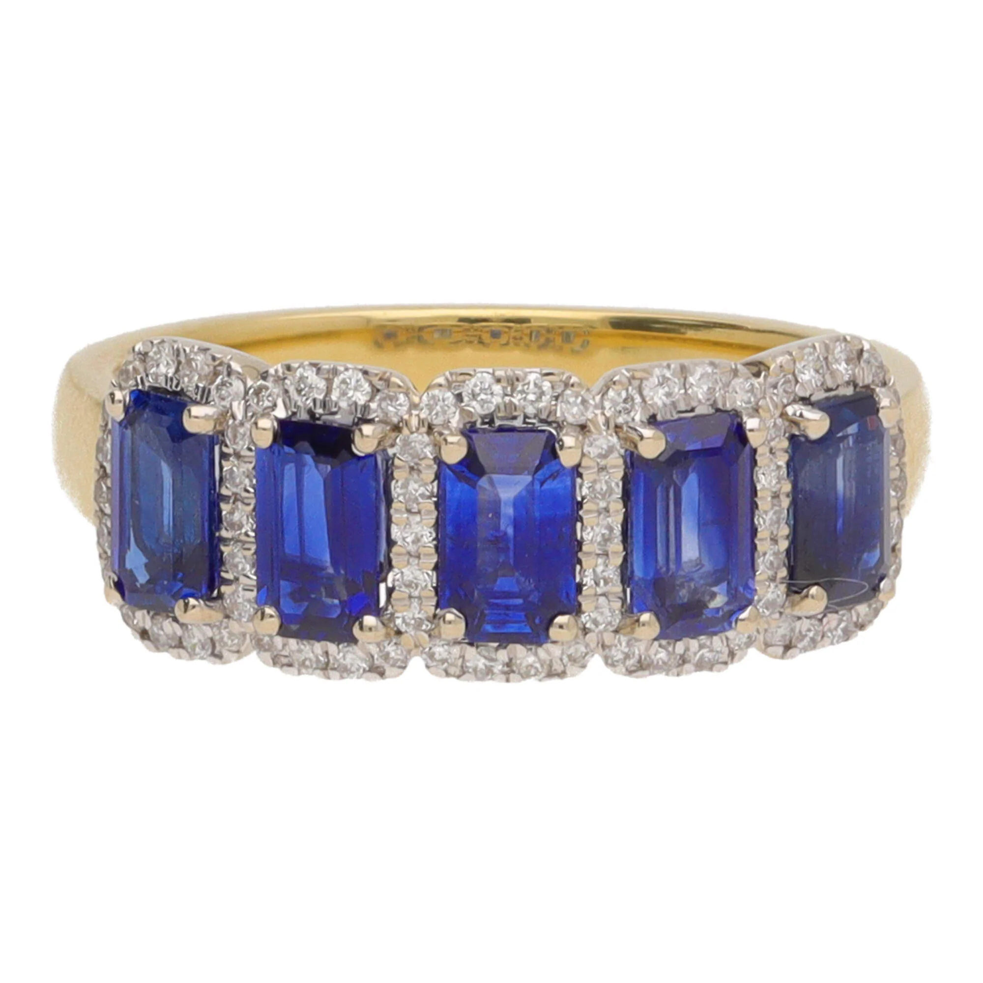 Sapphire and Diamond Emerald Cut 18ct Yellow Gold Five Stone Ring - Image 2