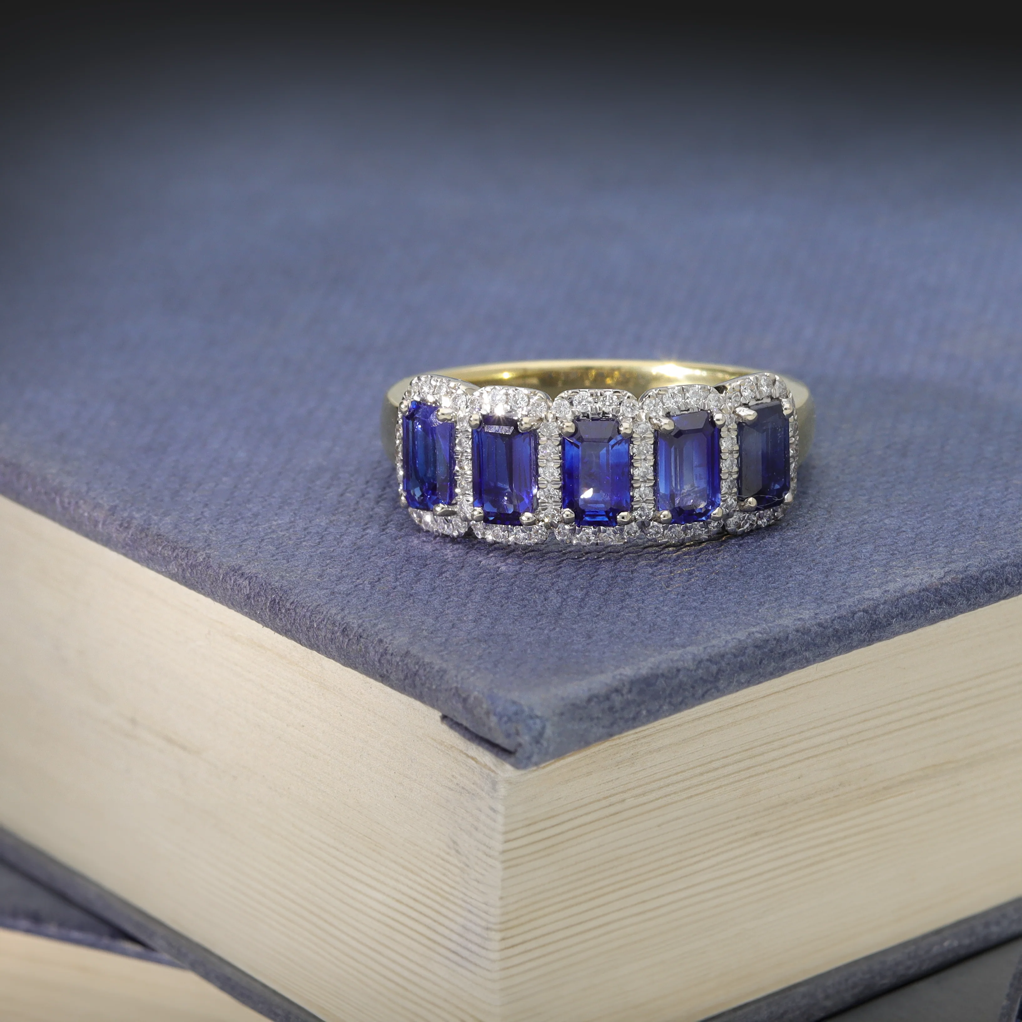 Sapphire and Diamond Emerald Cut 18ct Yellow Gold Five Stone Ring - Image 5