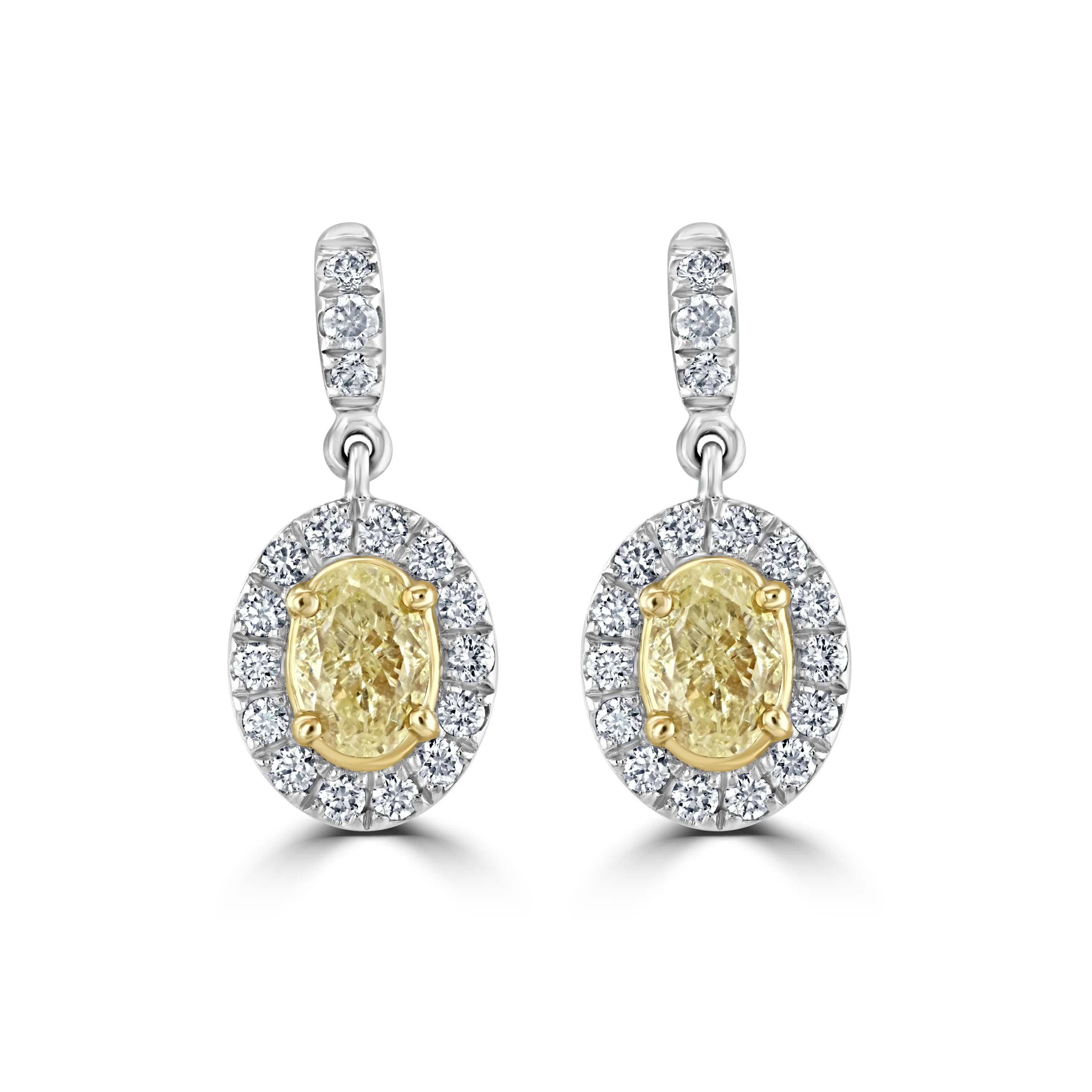 Skye Oval Fancy Yellow and White Diamond Platinum Cluster Drop Earrings
