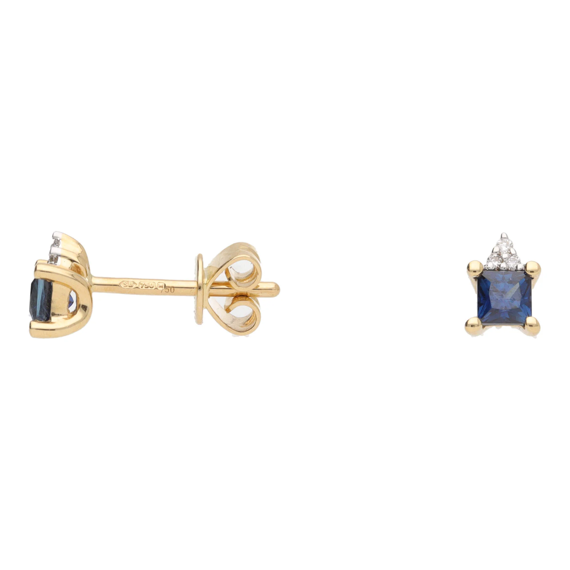 Square Sapphire and Diamond 18ct Yellow Gold Stud Earrings - Image 2