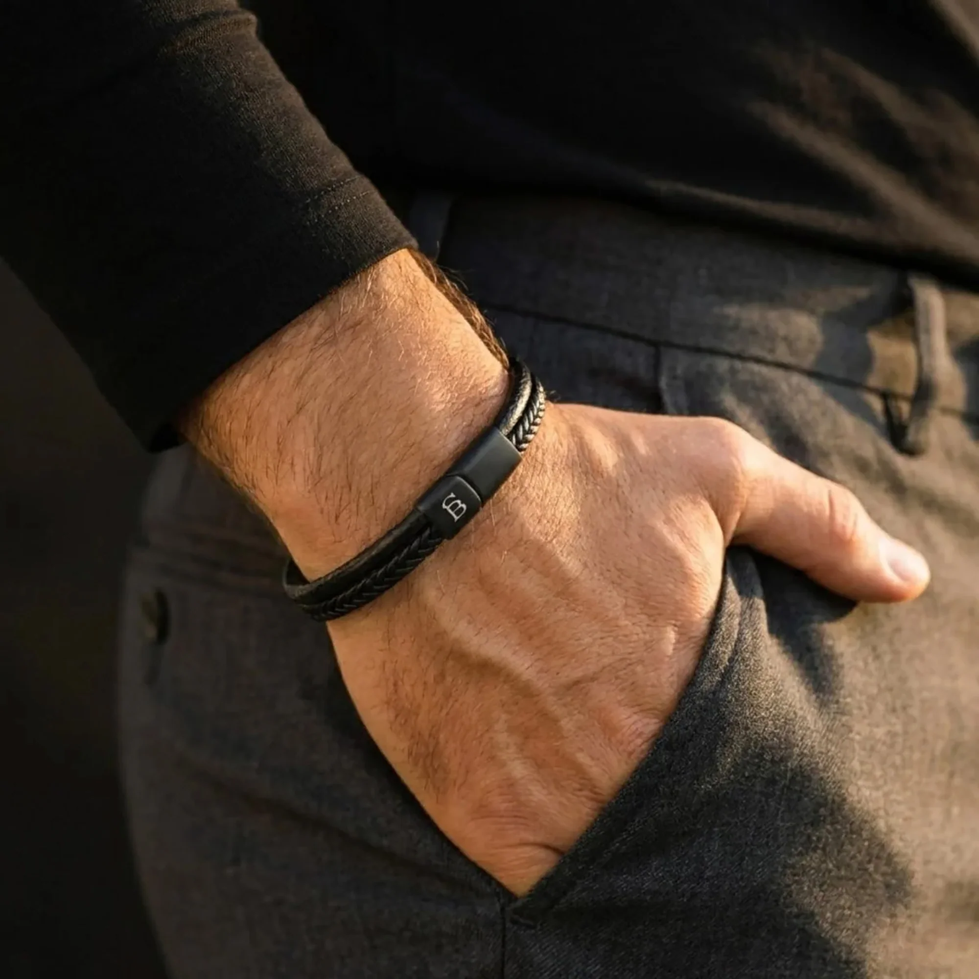 Steel and Barnett Denby Dual-Band Black Leather Men's Bracelet - Small - Image 3