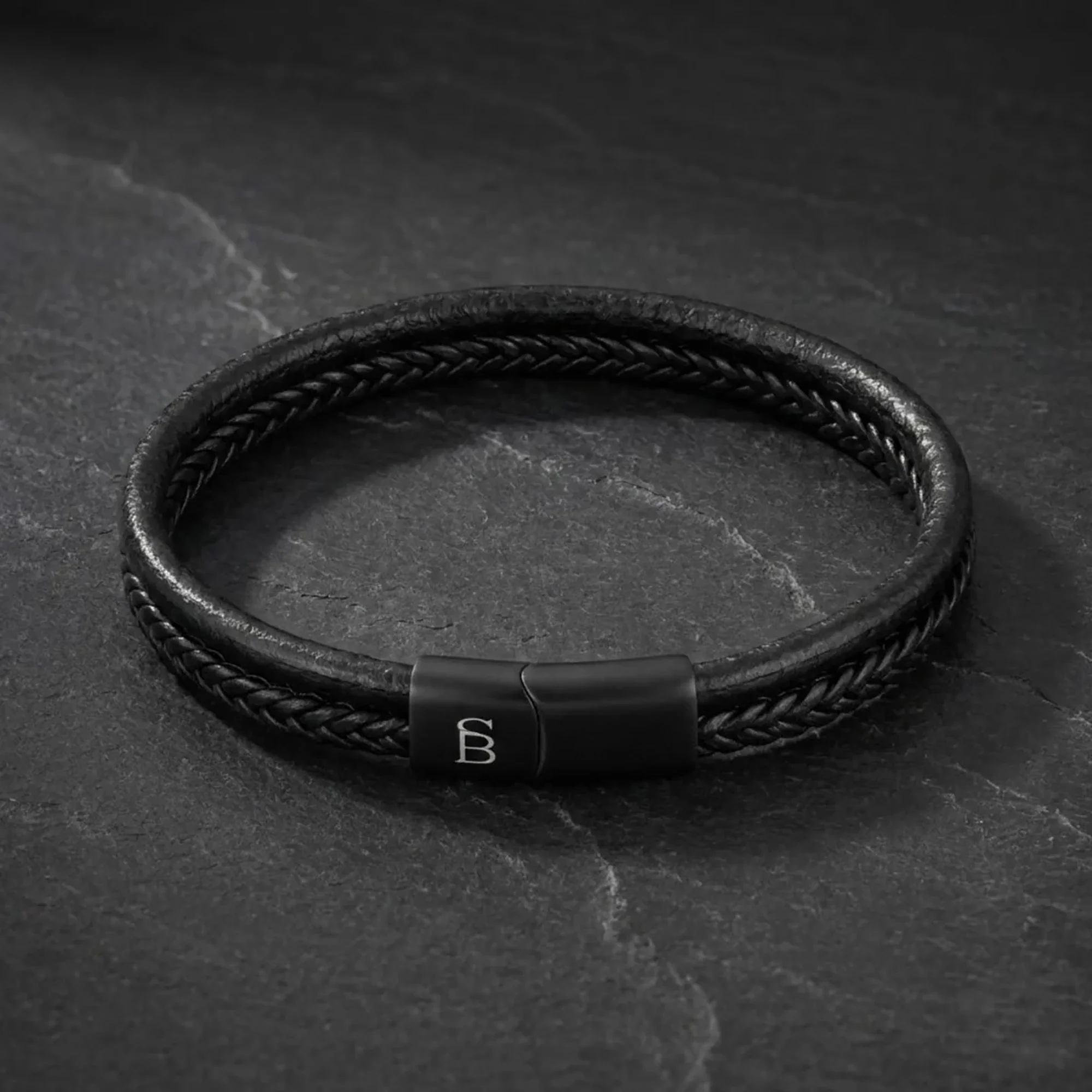 Steel and Barnett Denby Dual-Band Black Leather Men's Bracelet - Small - Image 4