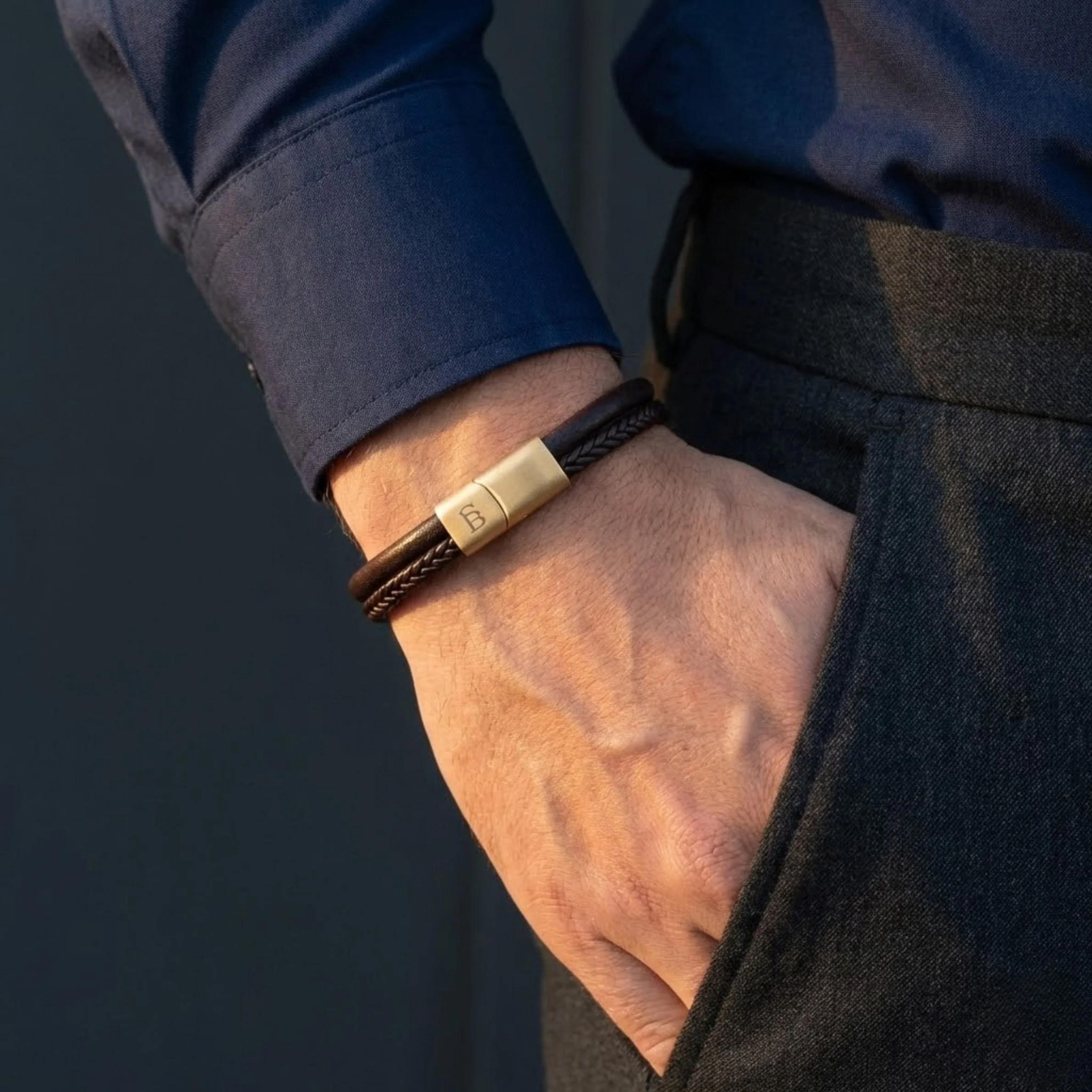 Steel and Barnett Grady Duel Strand Brown Leather Men's Bracelet with a Plated 18ct Gold Clasp - Medium - Image 3
