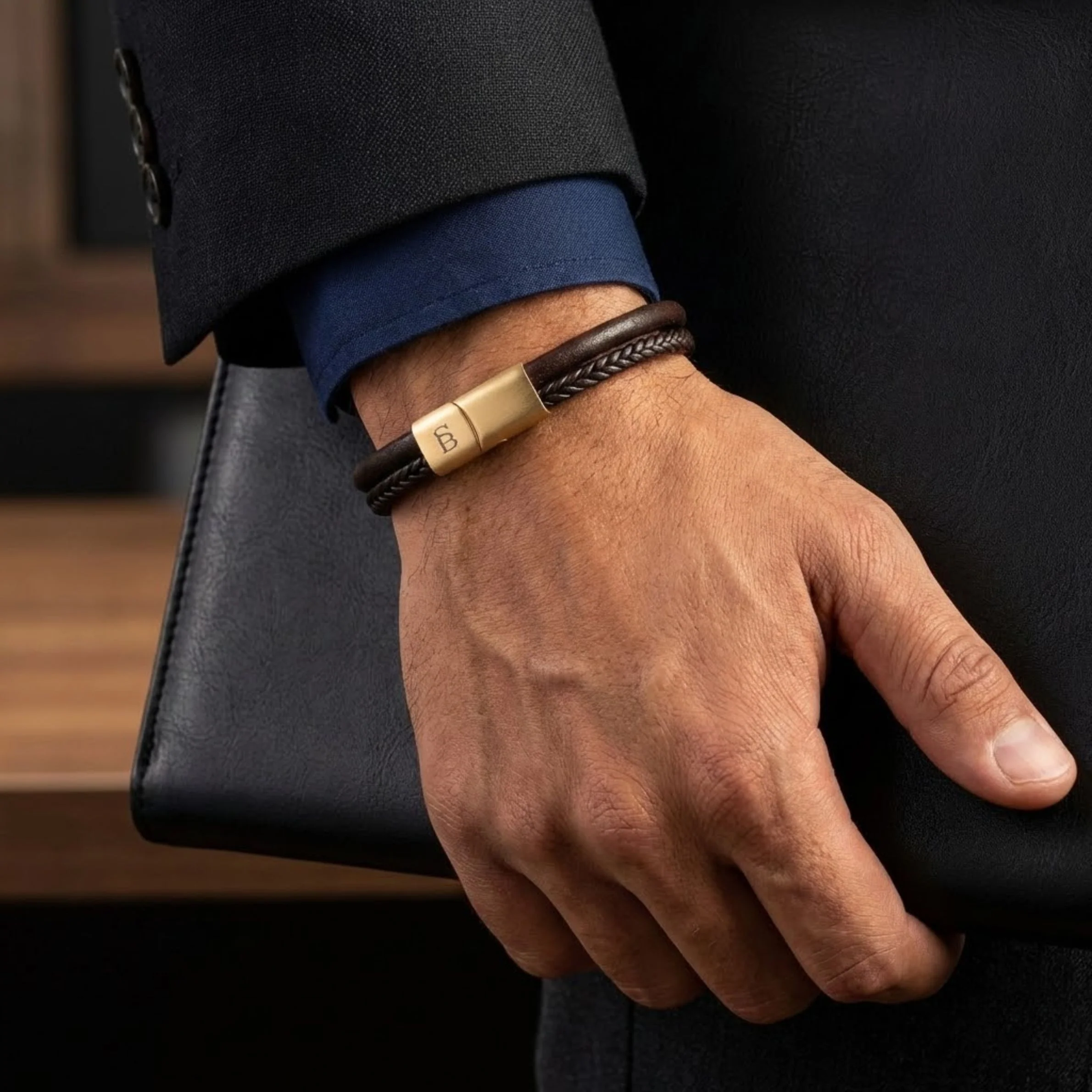 Steel and Barnett Grady Duel Strand Brown Leather Men's Bracelet with a Plated 18ct Gold Clasp - Medium - Image 4
