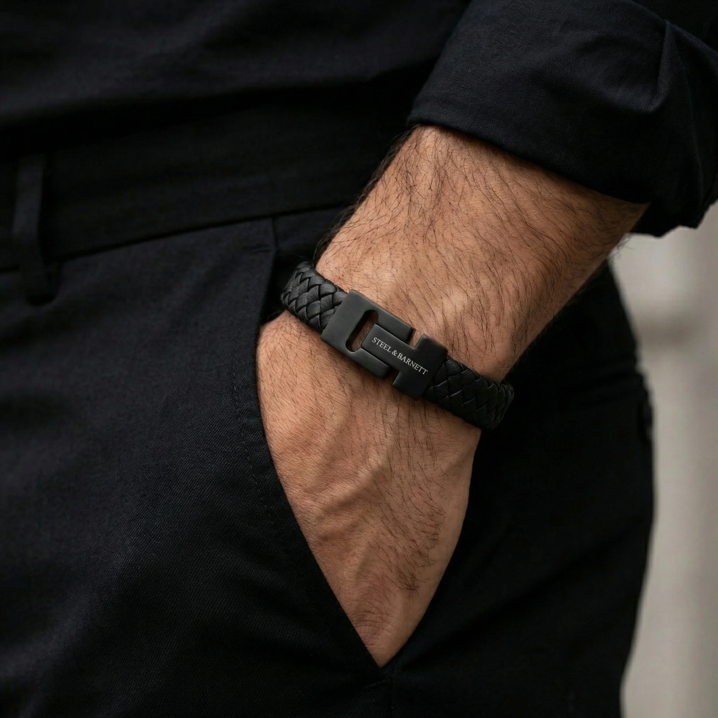 Steel and Barnett Harrison Thick Braided Black Leather Black Clasp Men's Bracelet - Medium - Image 3