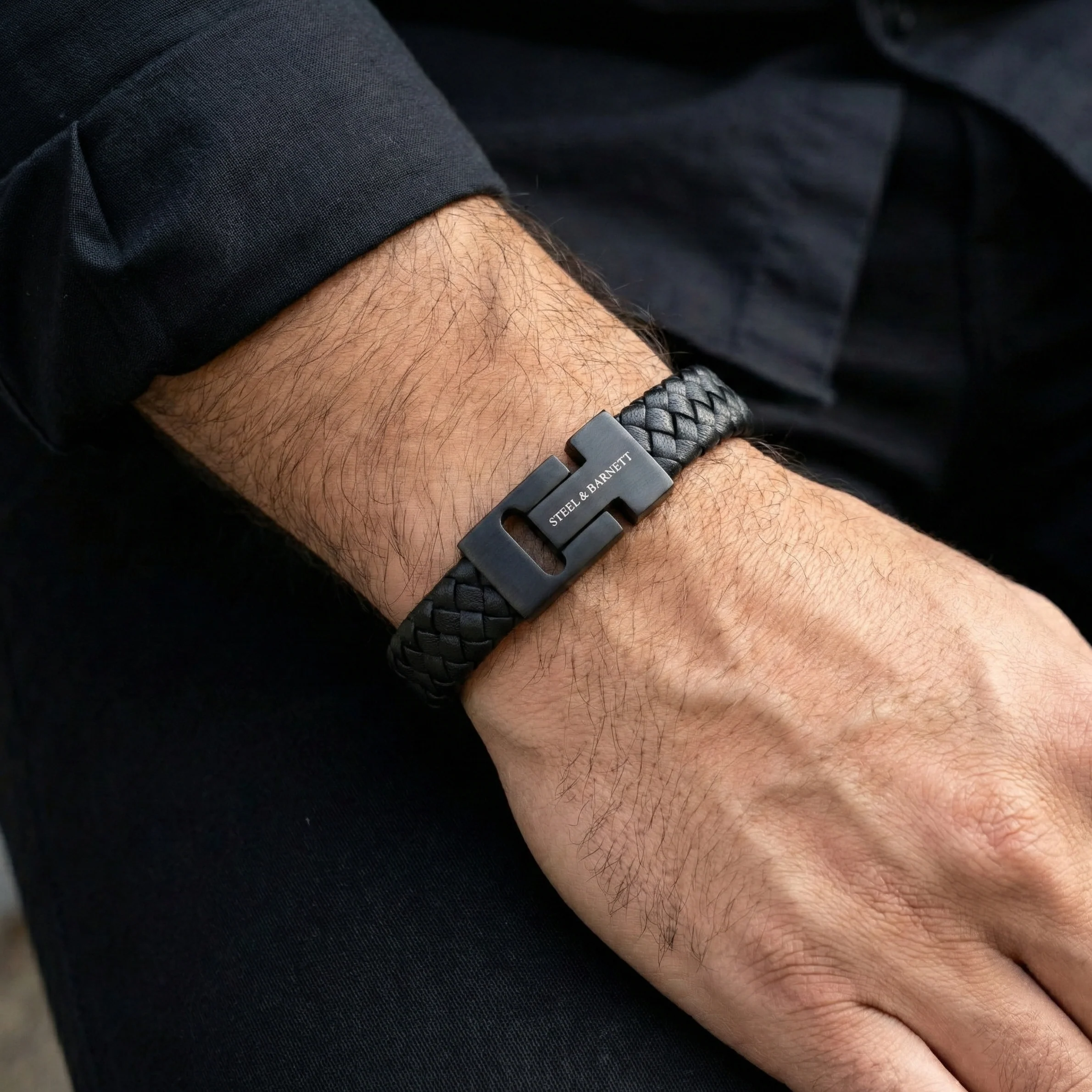 Steel and Barnett Harrison Thick Braided Black Leather Black Clasp Men's Bracelet - Small - Image 2