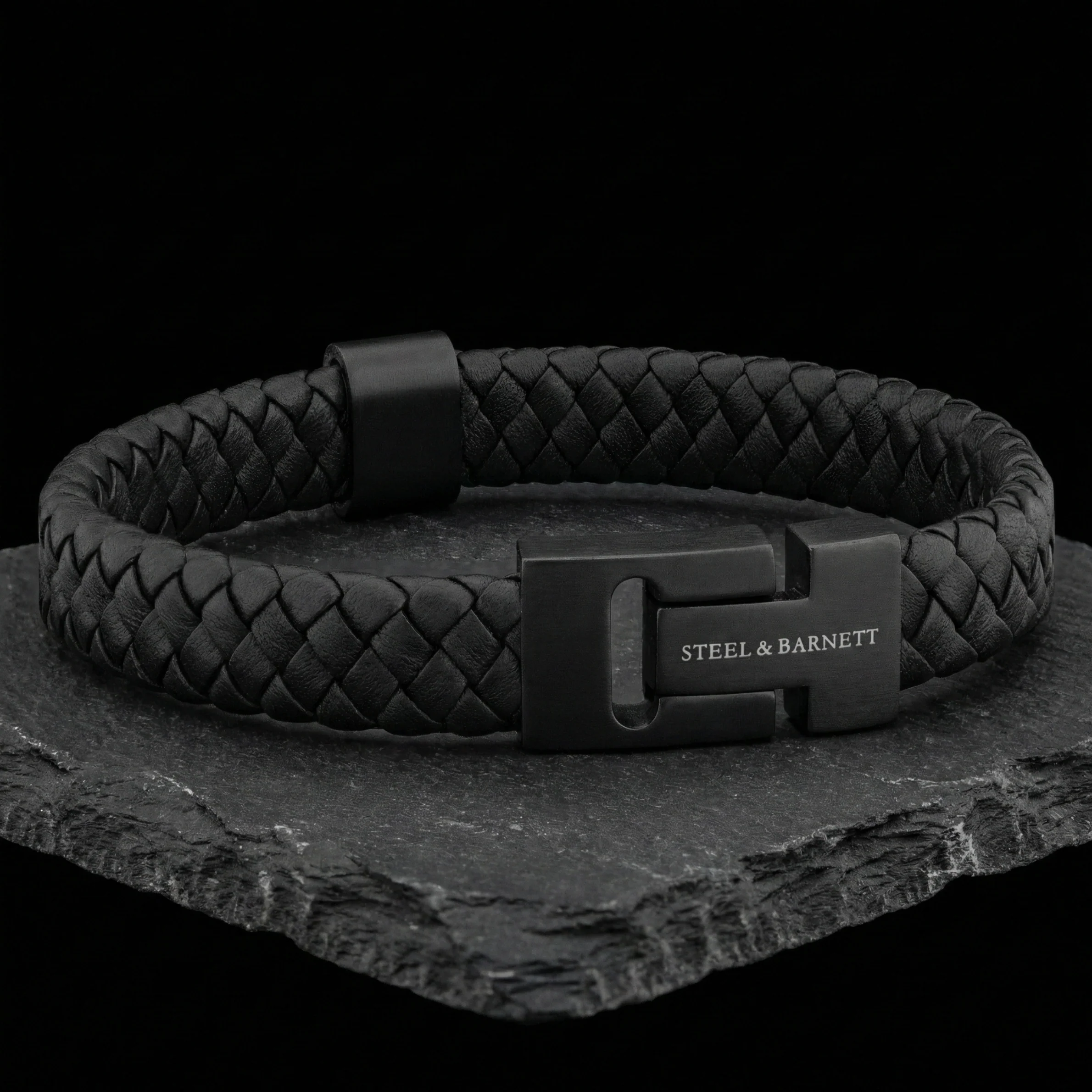 Steel and Barnett Harrison Thick Braided Black Leather Black Clasp Men's Bracelet - Small - Image 3