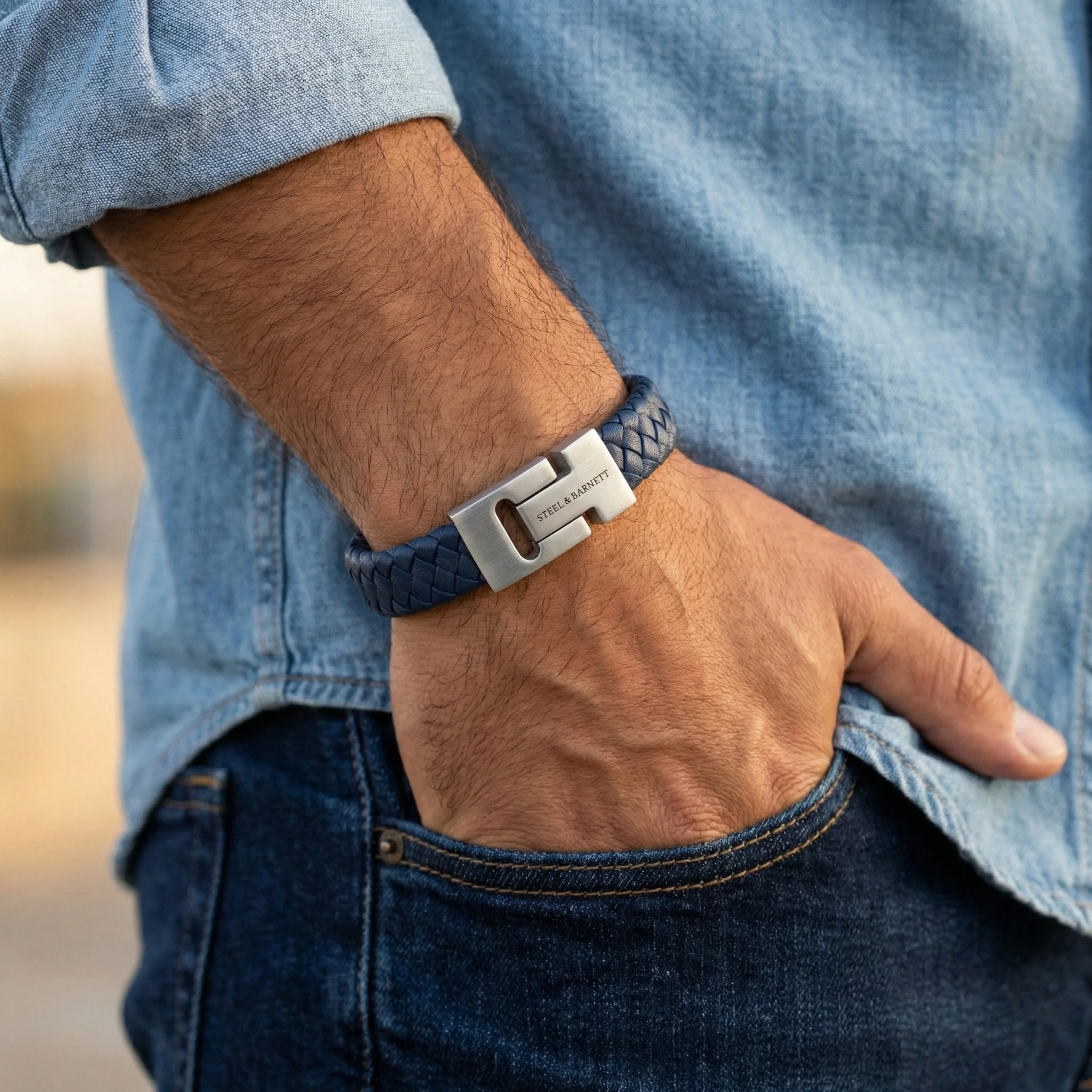 Steel and Barnett Harrison Thick Braided Blue Leather Men's Bracelet - Small - Image 2