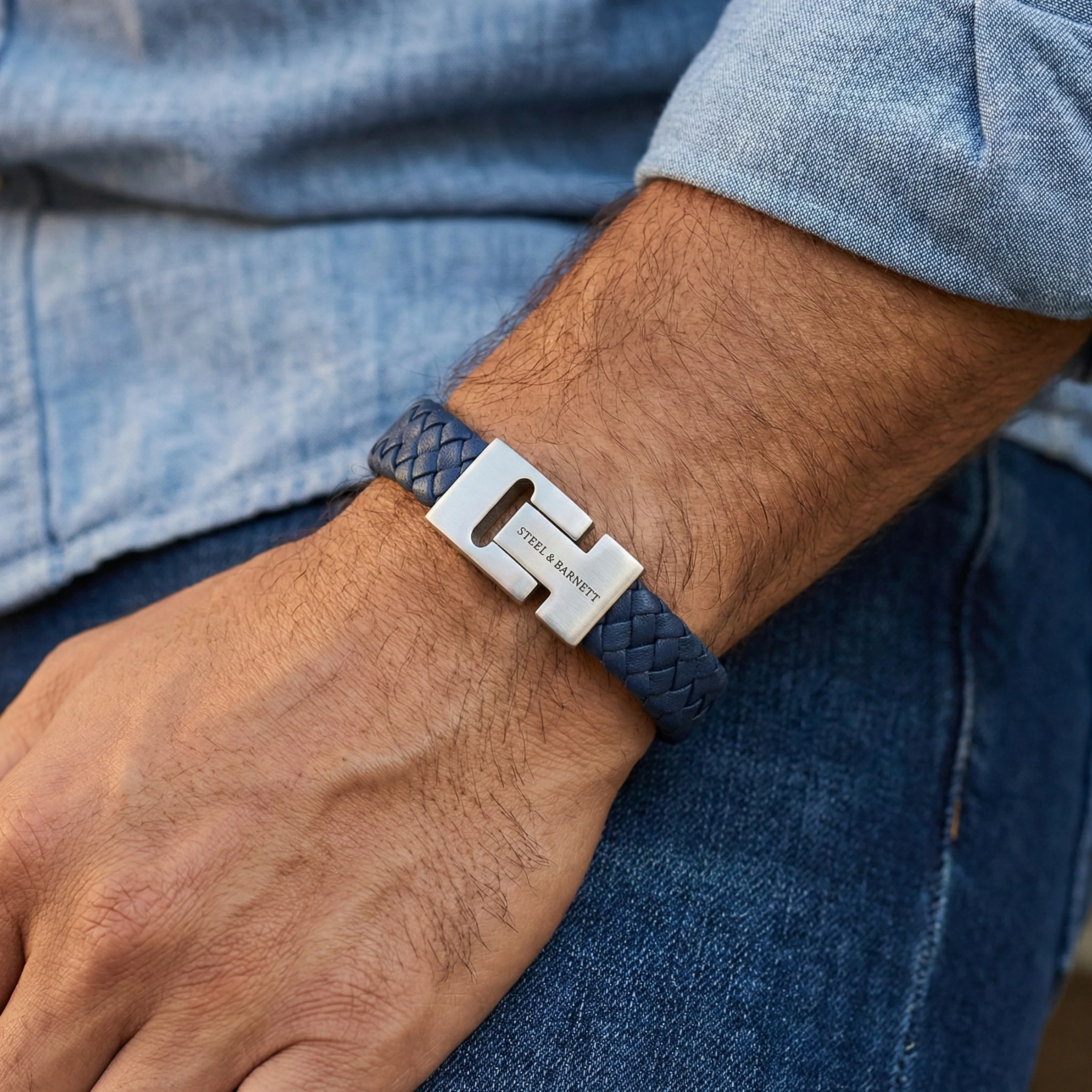 Steel and Barnett Harrison Thick Braided Blue Leather Men's Bracelet - Small - Image 3