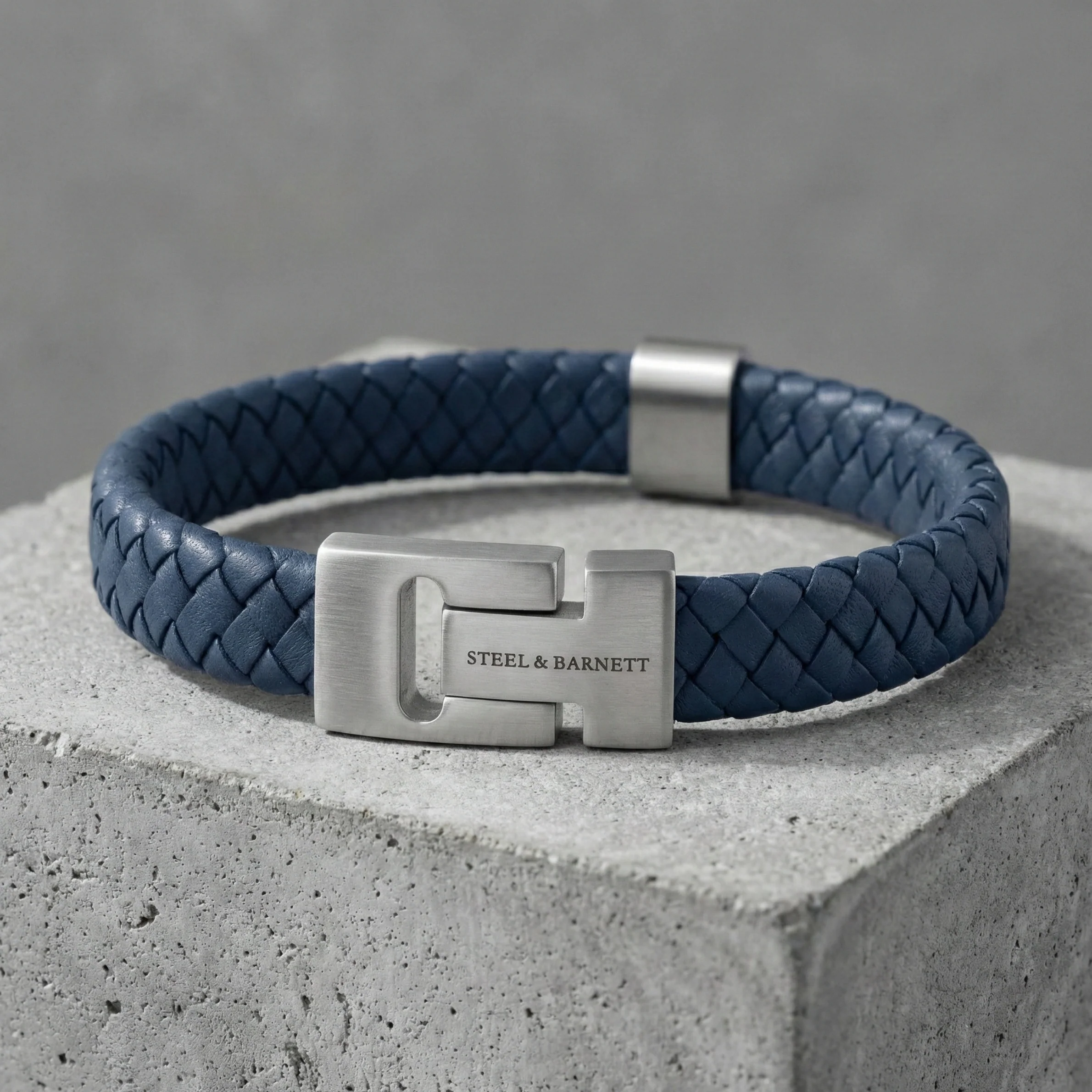 Steel and Barnett Harrison Thick Braided Blue Leather Men's Bracelet - Small - Image 4