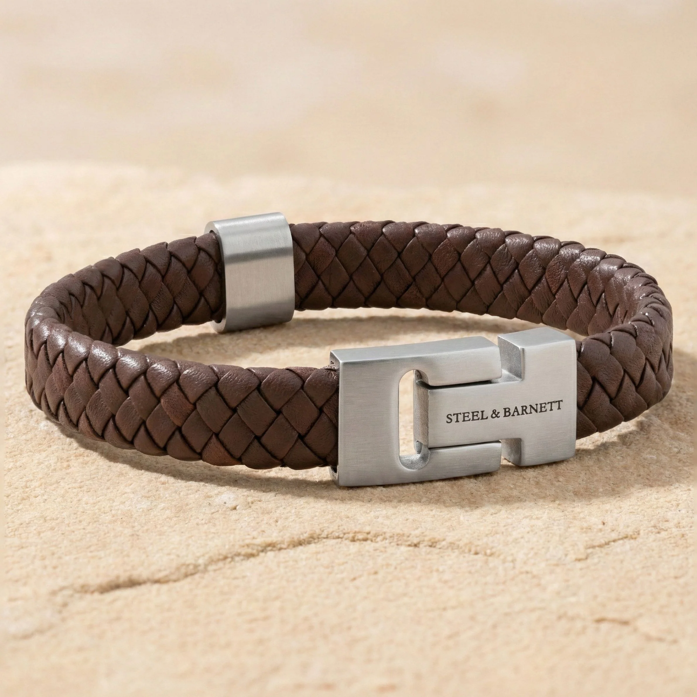 Steel and Barnett Harrison Thick Braided Brown Leather Men's Bracelet  - Medium - Image 2