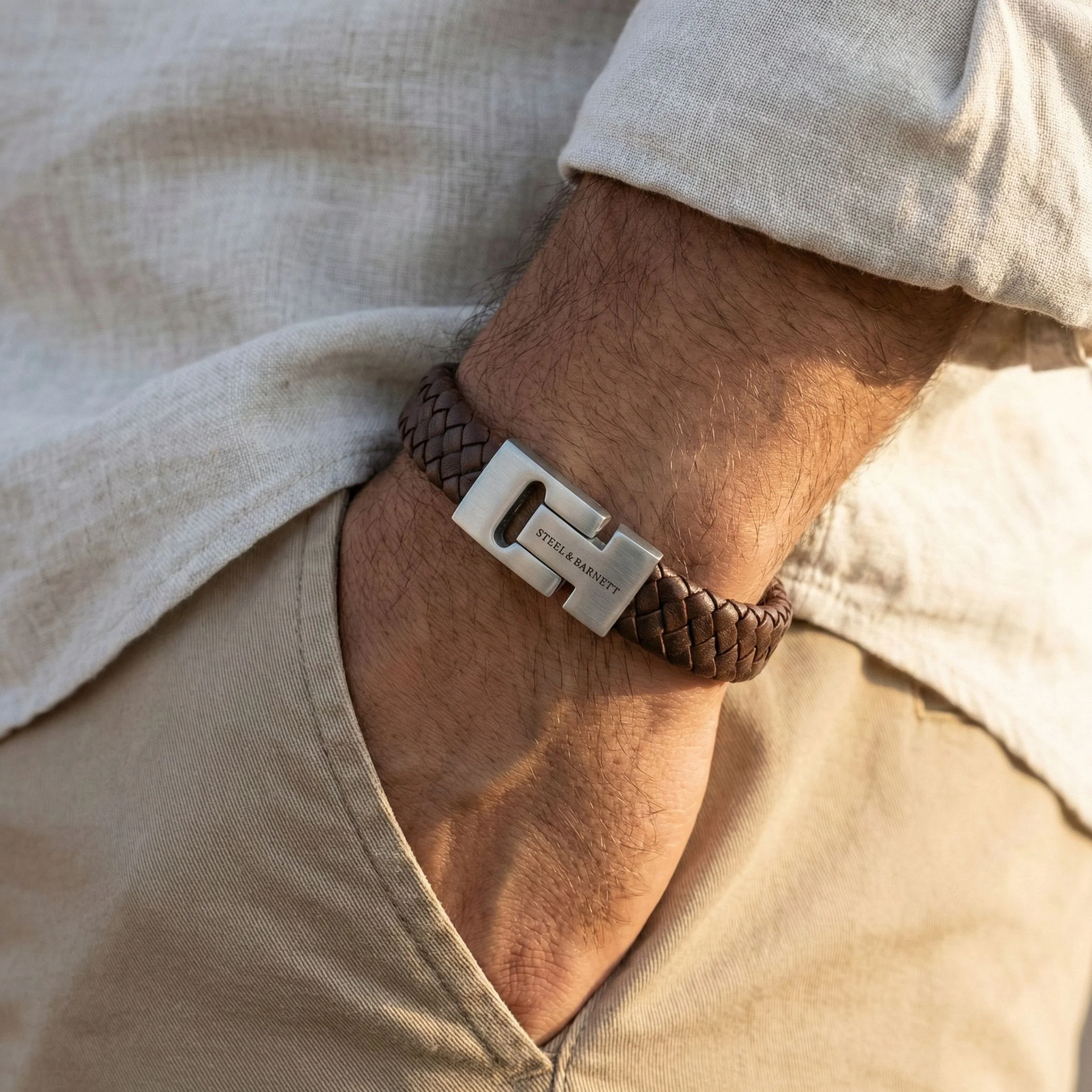 Steel and Barnett Harrison Thick Braided Brown Leather Men's Bracelet  - Small - Image 3