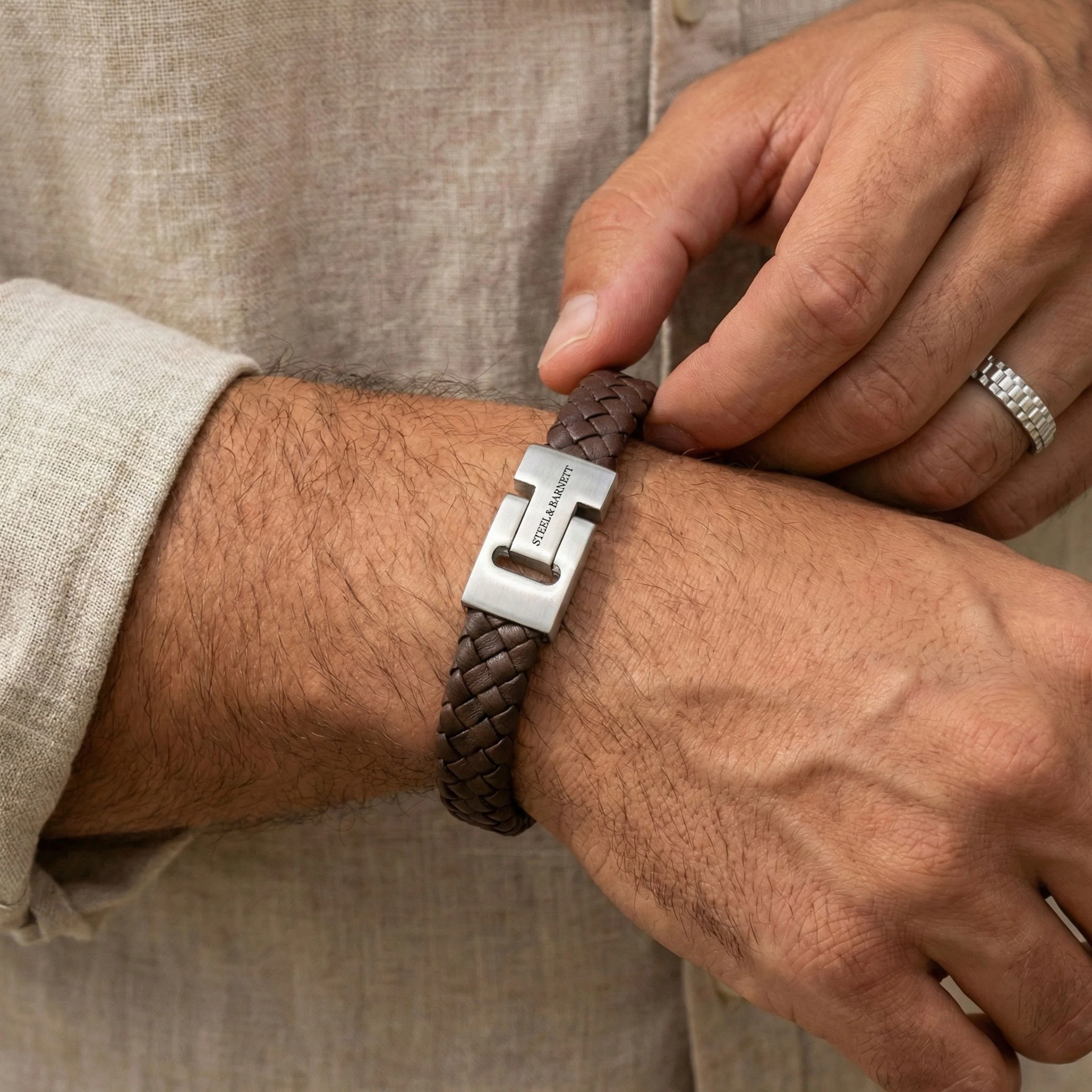 Steel and Barnett Harrison Thick Braided Brown Leather Men's Bracelet  - Small - Image 4
