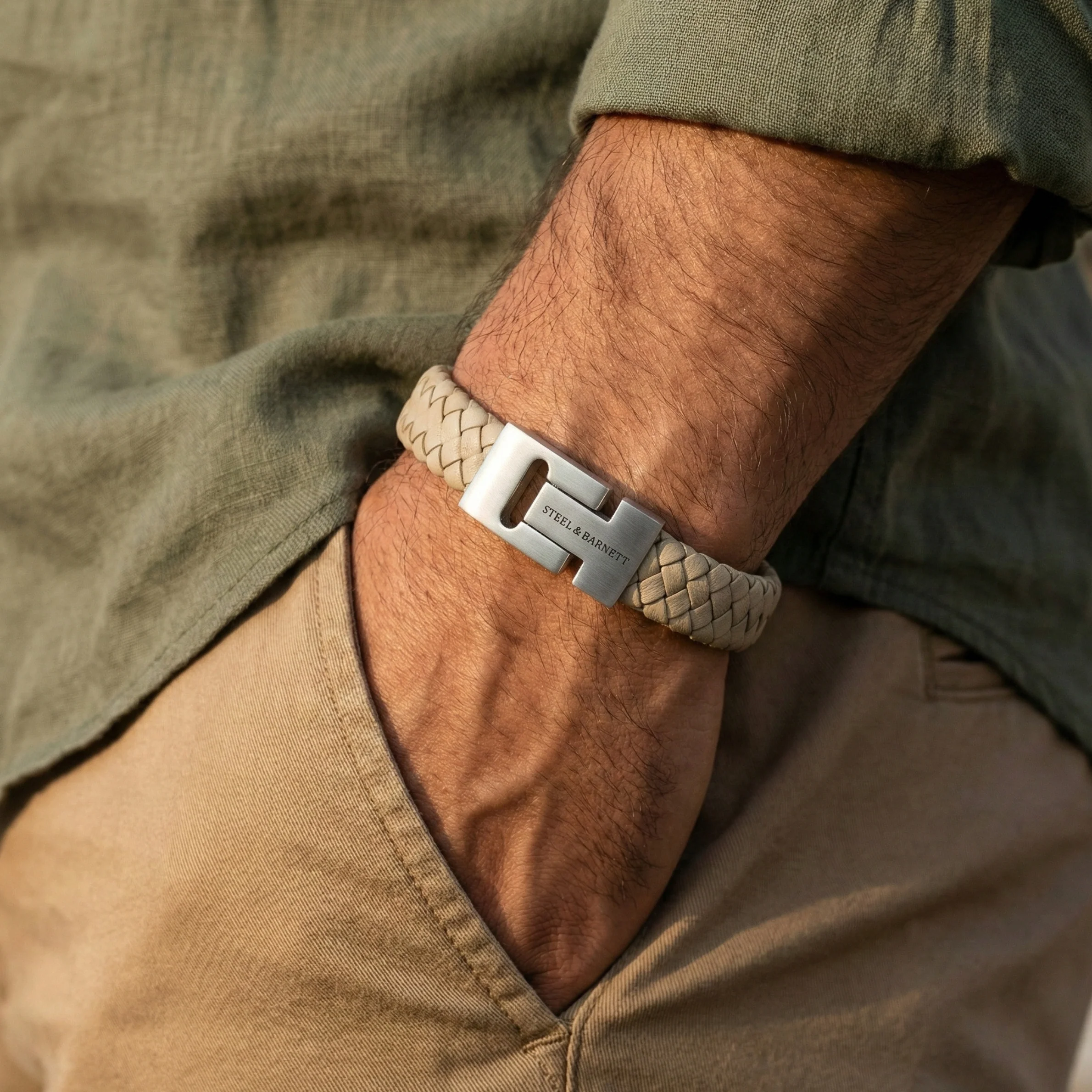 Steel and Barnett Harrison Thick Braided Ecru Leather Men's Bracelet - Small - Image 3