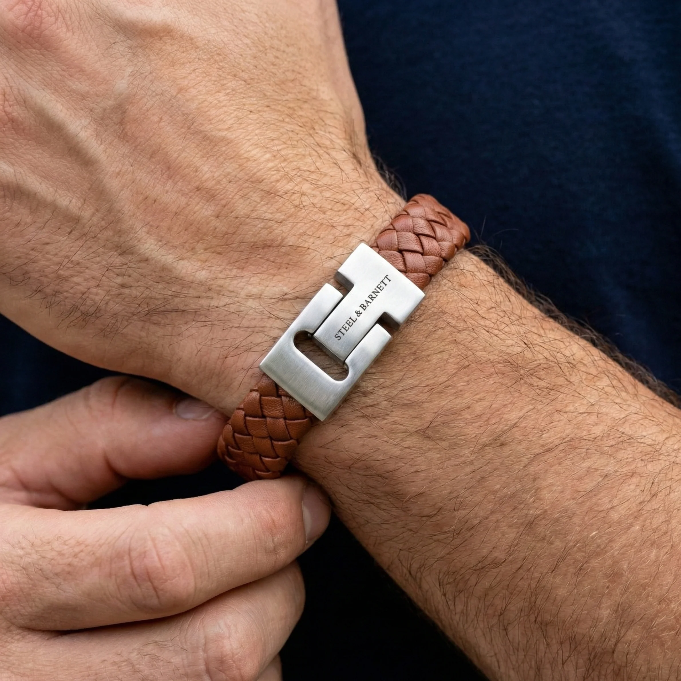 Steel and Barnett Harrison Thick Braided Peanut Leather Men's Bracelet - Medium - Image 2