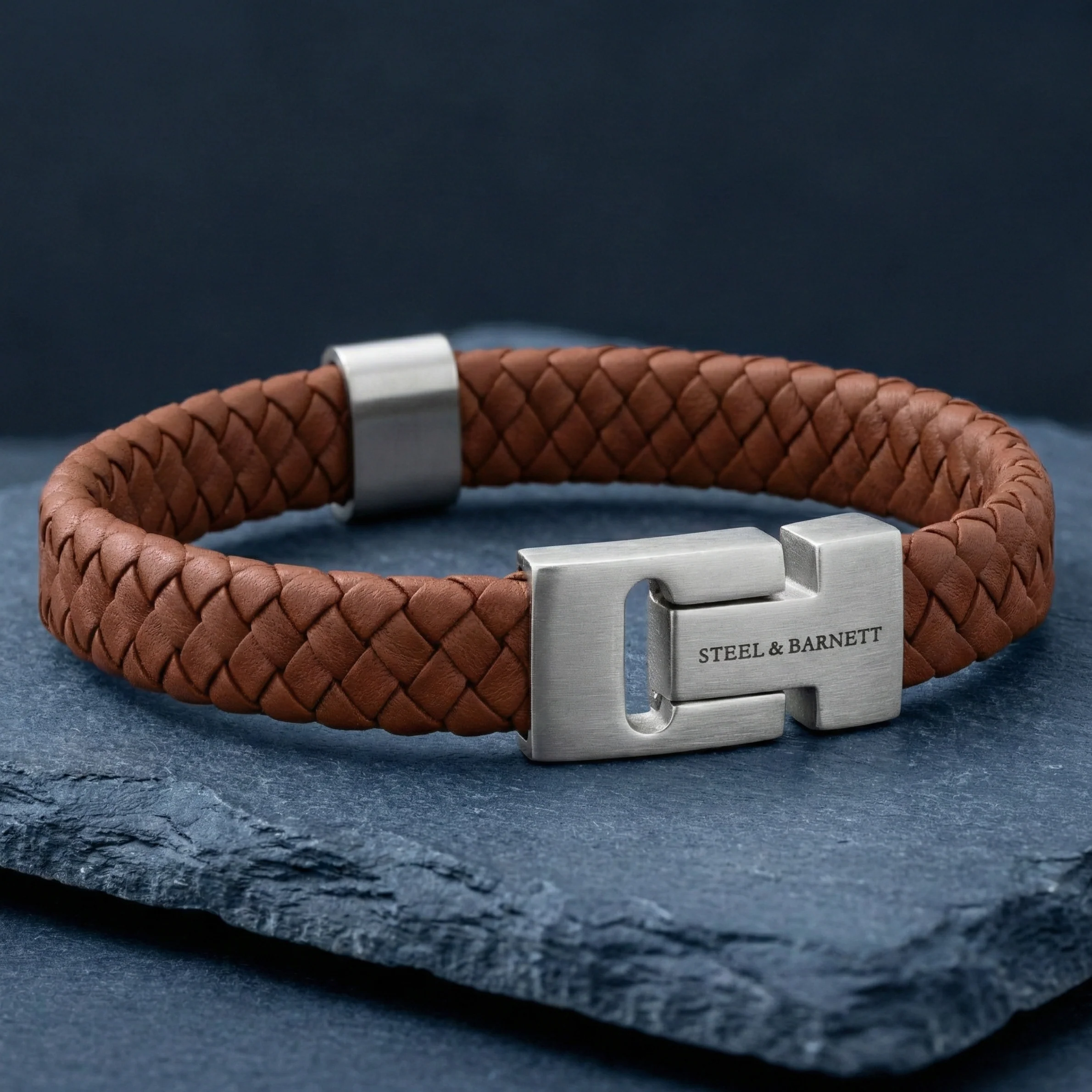 Steel and Barnett Harrison Thick Braided Peanut Leather Men's Bracelet  - Small - Image 4