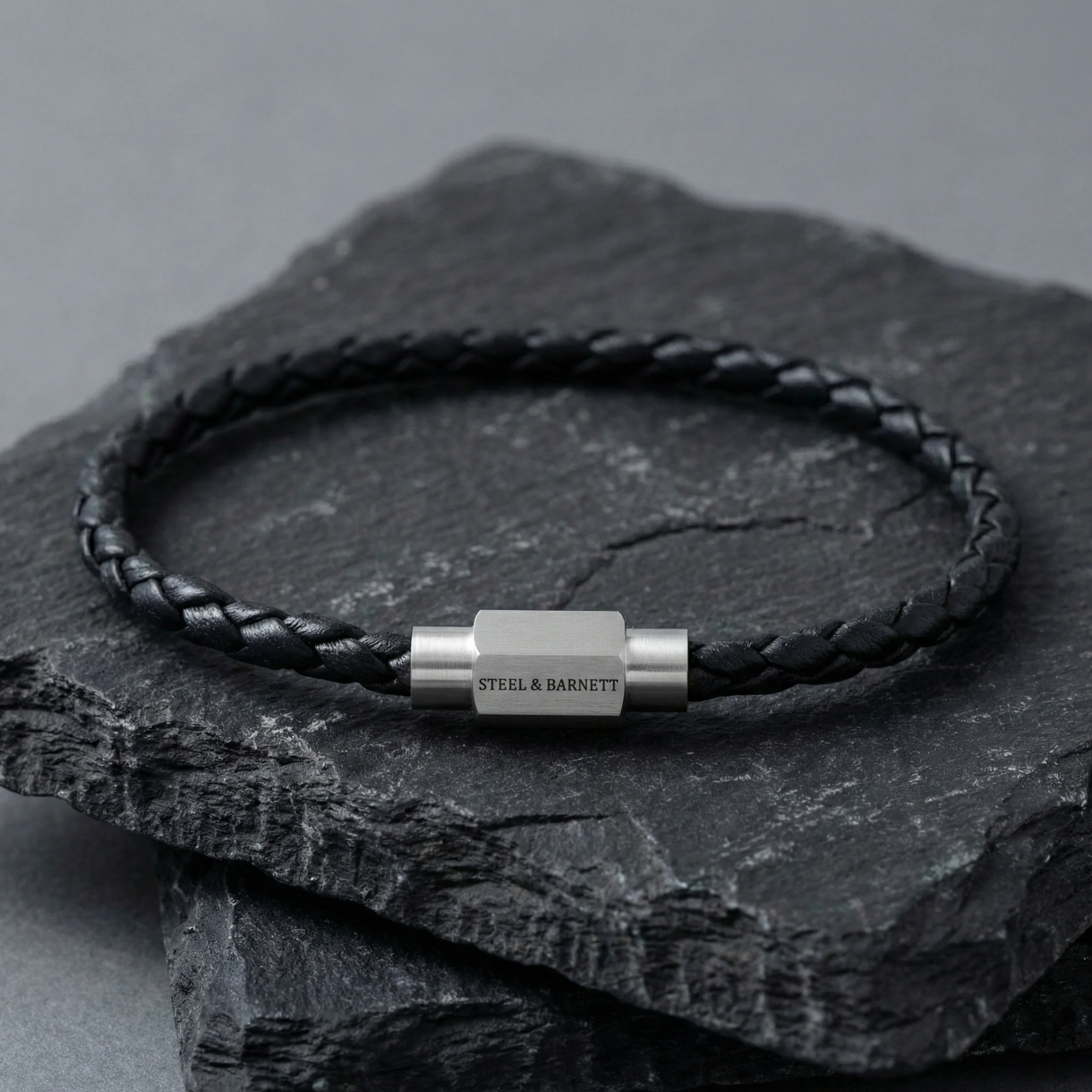 Steel and Barnett Luke Landon Thin Braided Black Leather Men's Bracelet - Medium - Image 4