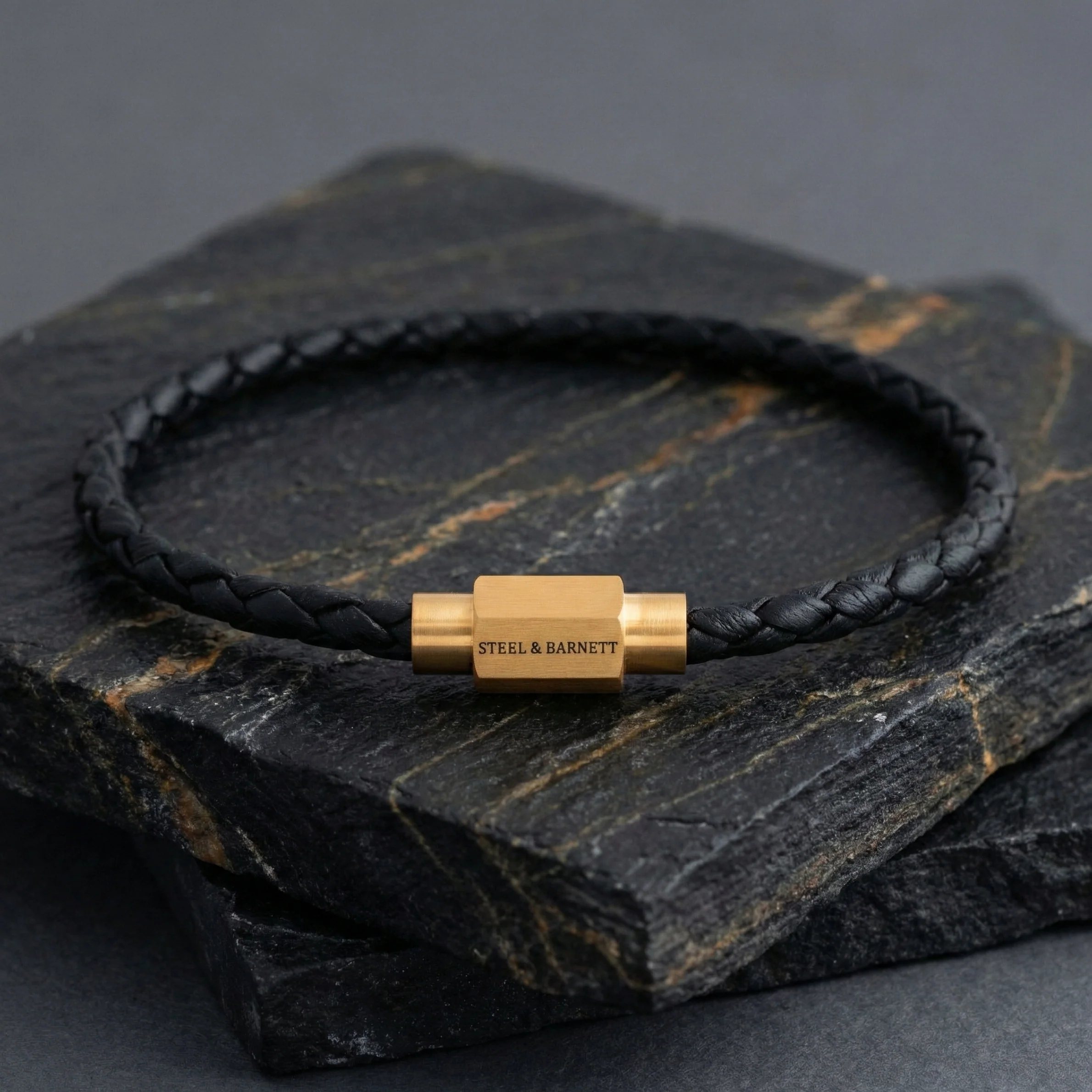 Steel and Barnett Luke Landon Thin Braided Black Leather Men's Bracelet with a Plated 18ct Yellow Clasp - Medium - Image 3