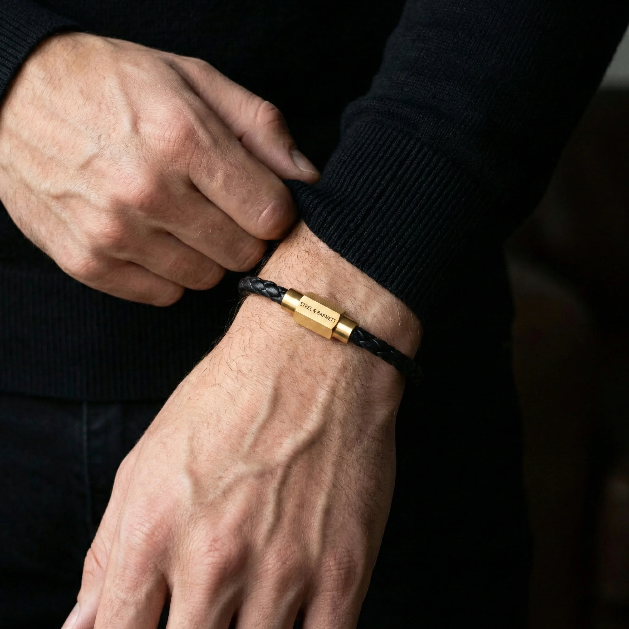 Steel and Barnett Luke Landon Thin Braided Black Leather Men's Bracelet with a Plated 18ct Yellow Clasp - Medium - Image 4