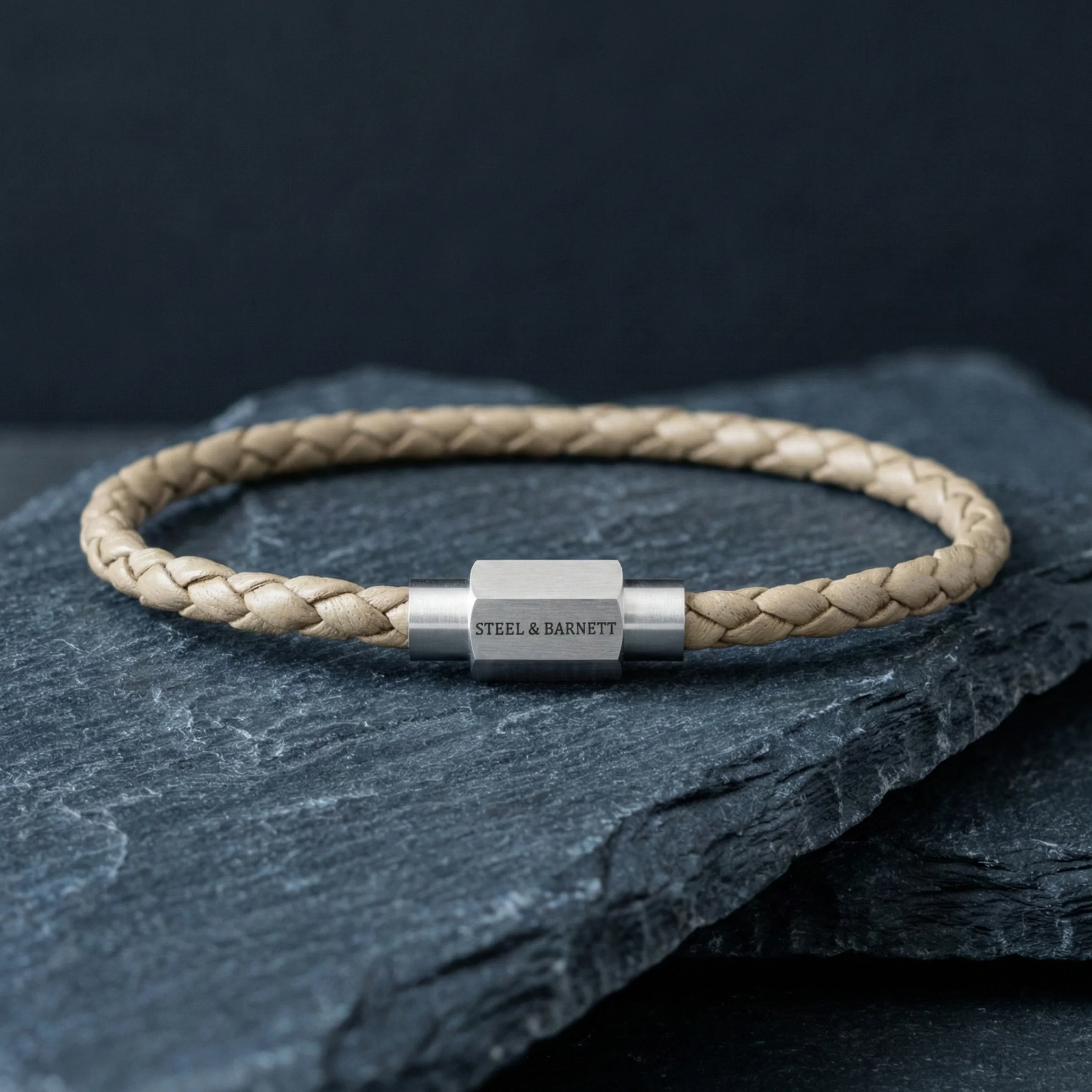 Steel and Barnett Luke Landon Thin Braided Ecru Leather Men's Bracelet - Medium - Image 2