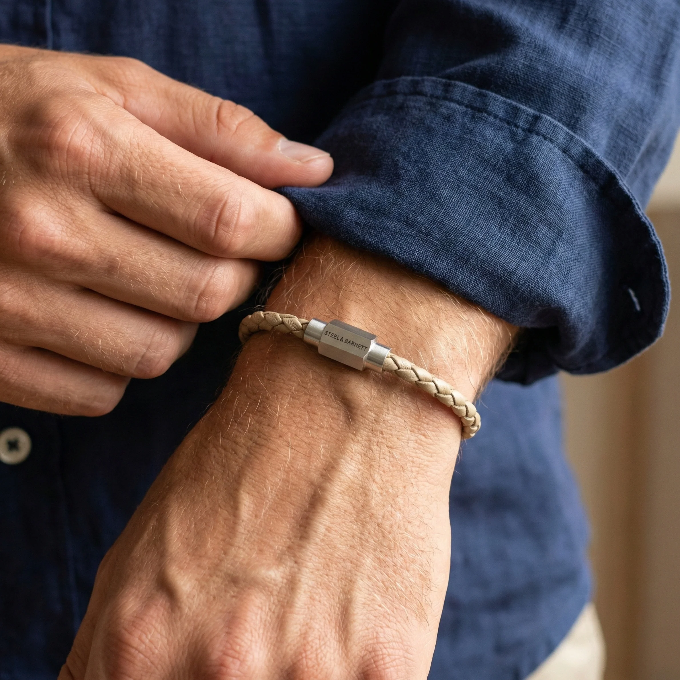 Steel and Barnett Luke Landon Thin Braided Ecru Leather Men's Bracelet - Medium - Image 3
