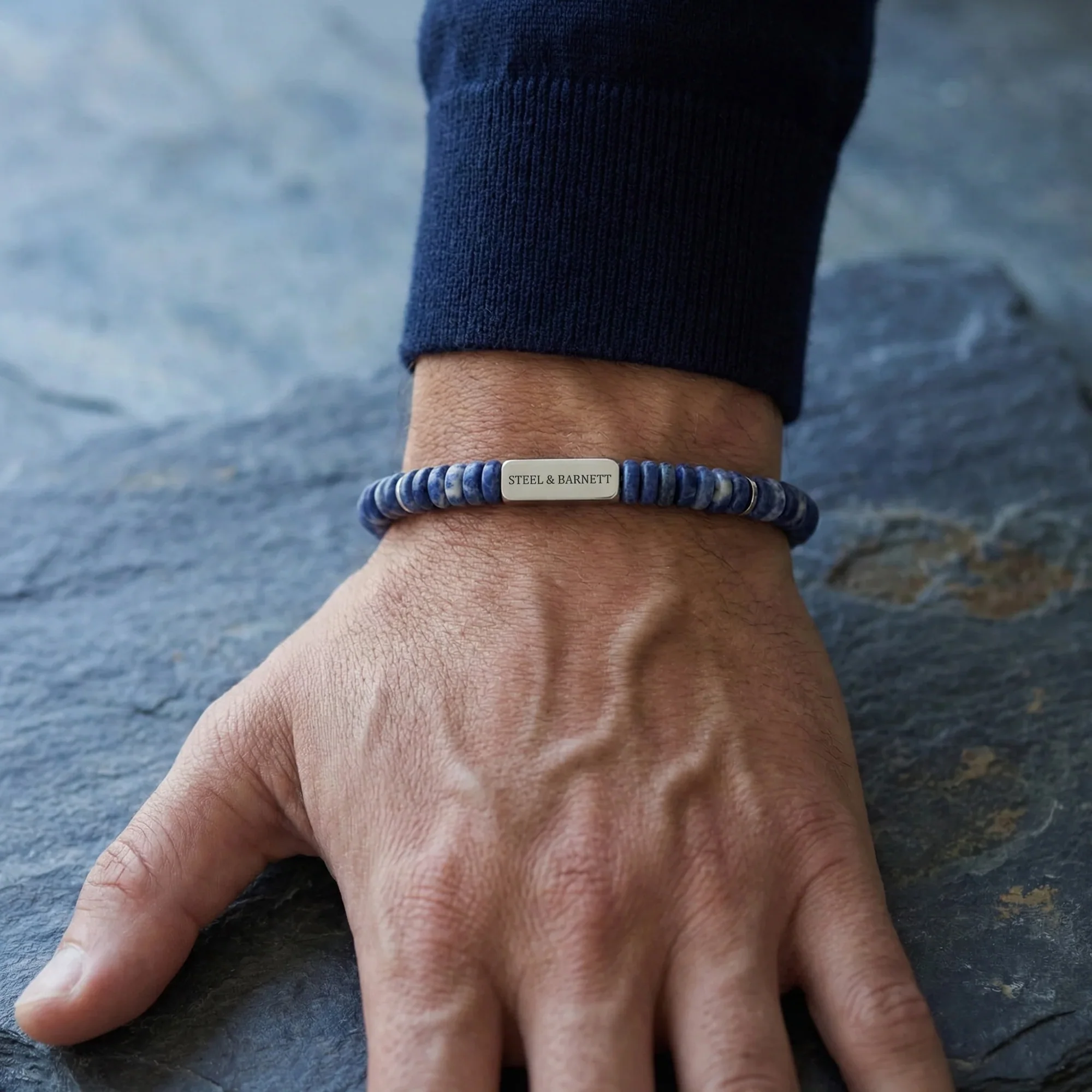 Steel and Barnett Two Tone Matte Sodalite Gemstone Stretch Disc Bracelet Medium - Image 3
