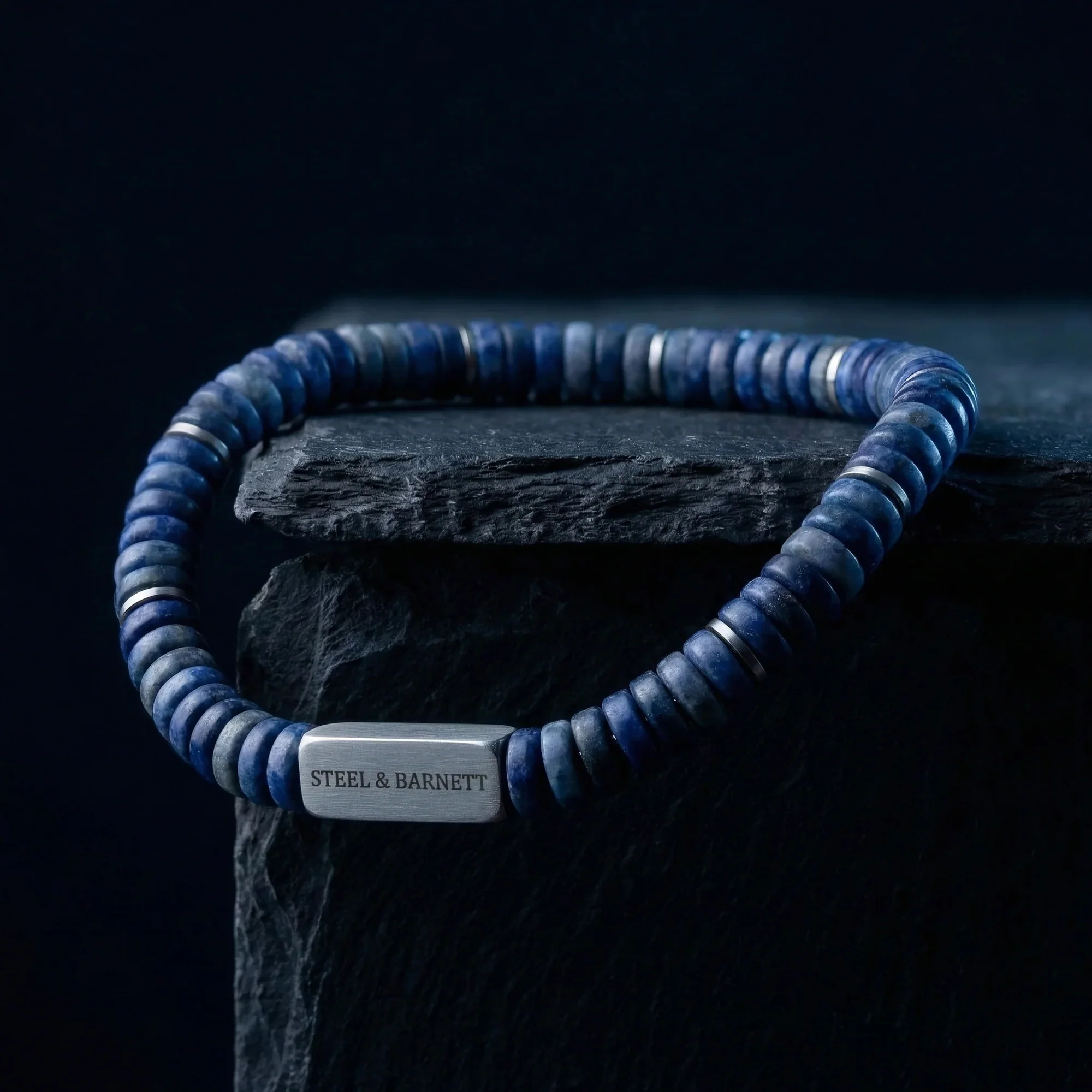 Steel and Barnett Two Tone Matte Sodalite Gemstone Stretch Disc Bracelet Medium - Image 4