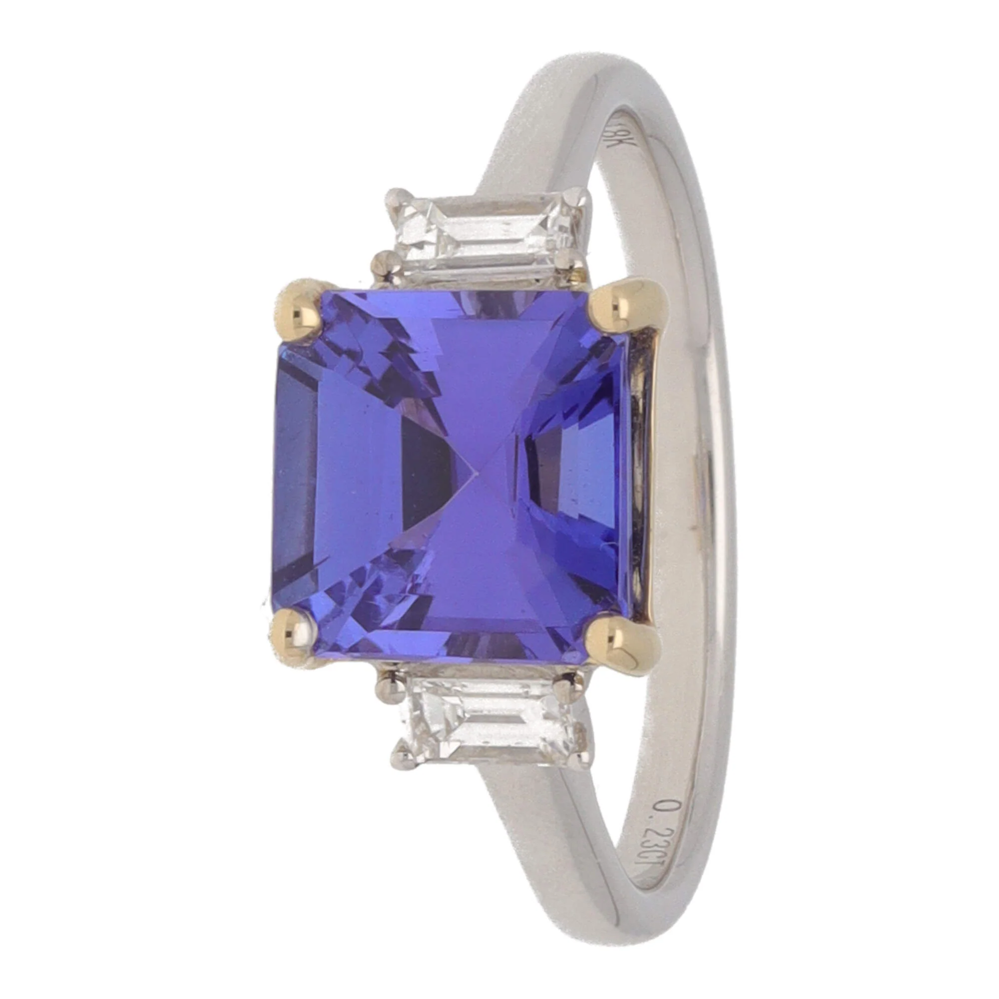 Tanzanite and Diamond Step Cut 18ct Yellow and White Gold Three Stone Ring (M)