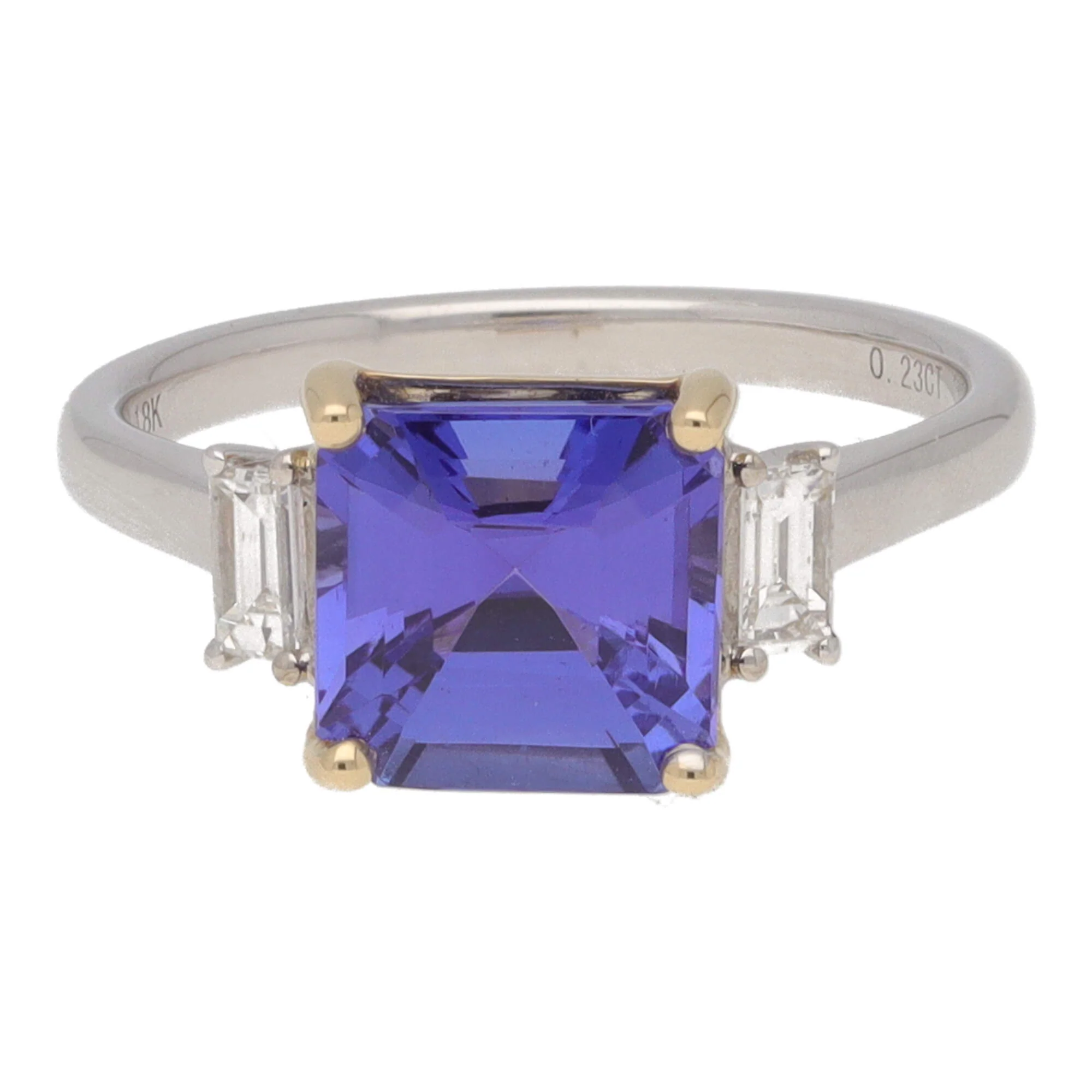 Tanzanite and Diamond Step Cut 18ct Yellow and White Gold Three Stone Ring (M) - Image 2