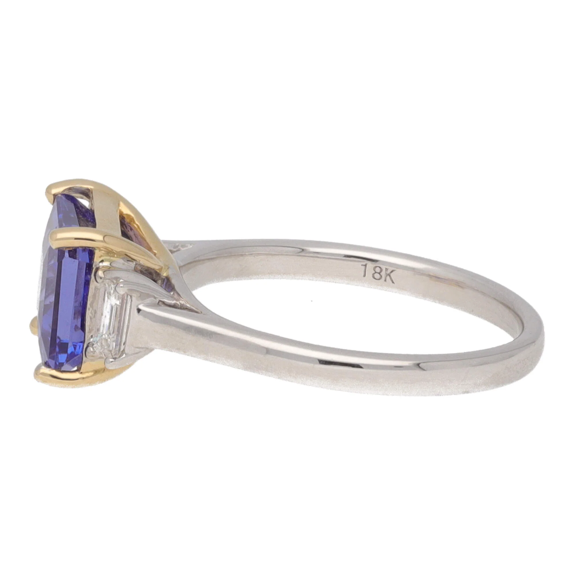 Tanzanite and Diamond Step Cut 18ct Yellow and White Gold Three Stone Ring (M) - Image 4