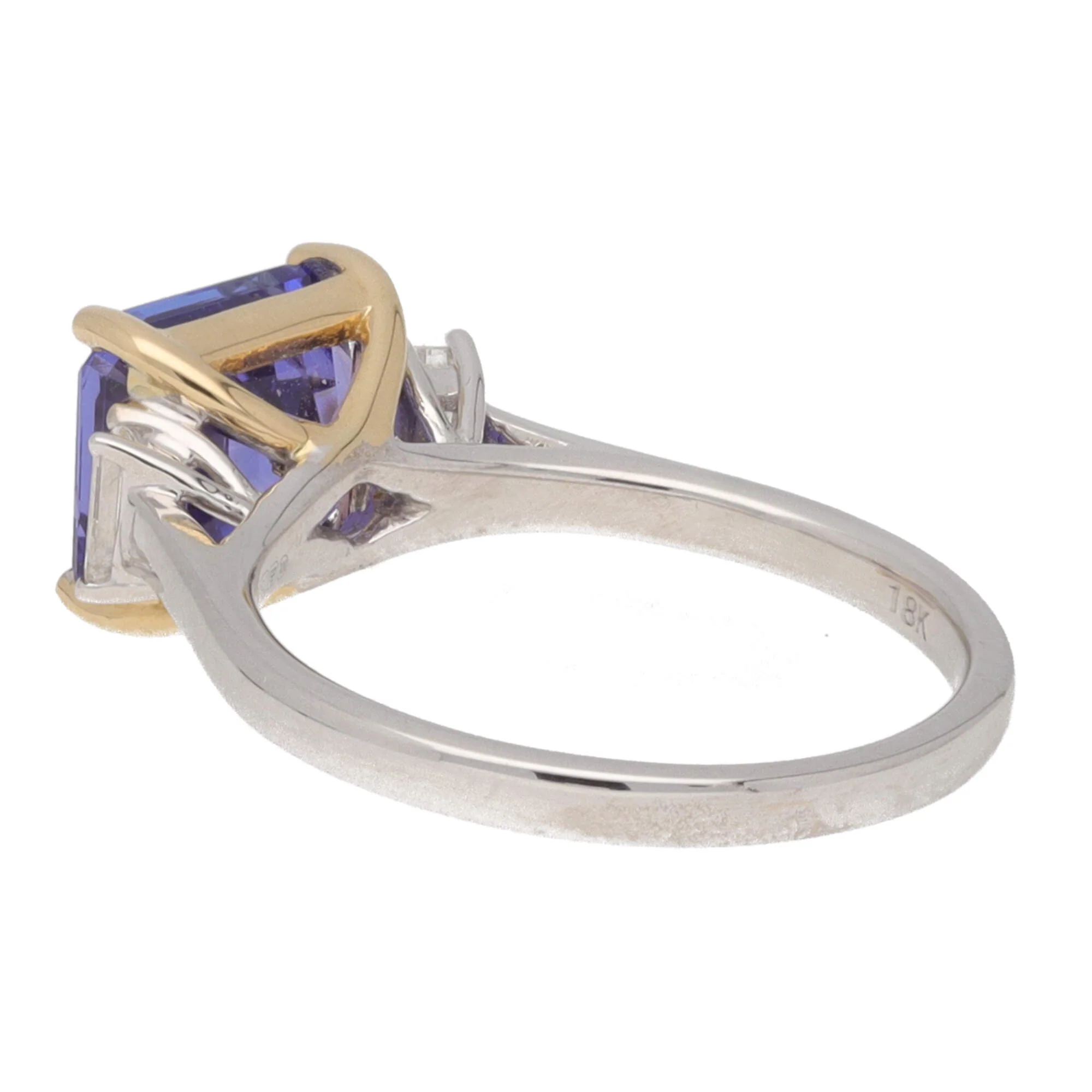 Tanzanite and Diamond Step Cut 18ct Yellow and White Gold Three Stone Ring (M) - Image 5
