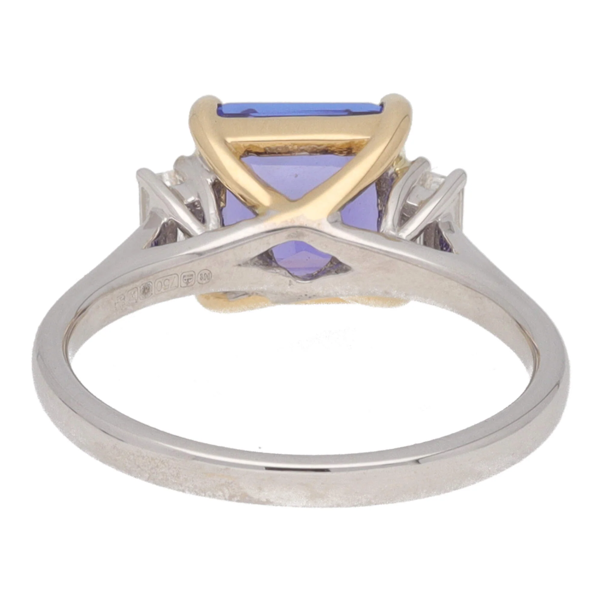 Tanzanite and Diamond Step Cut 18ct Yellow and White Gold Three Stone Ring (M) - Image 6