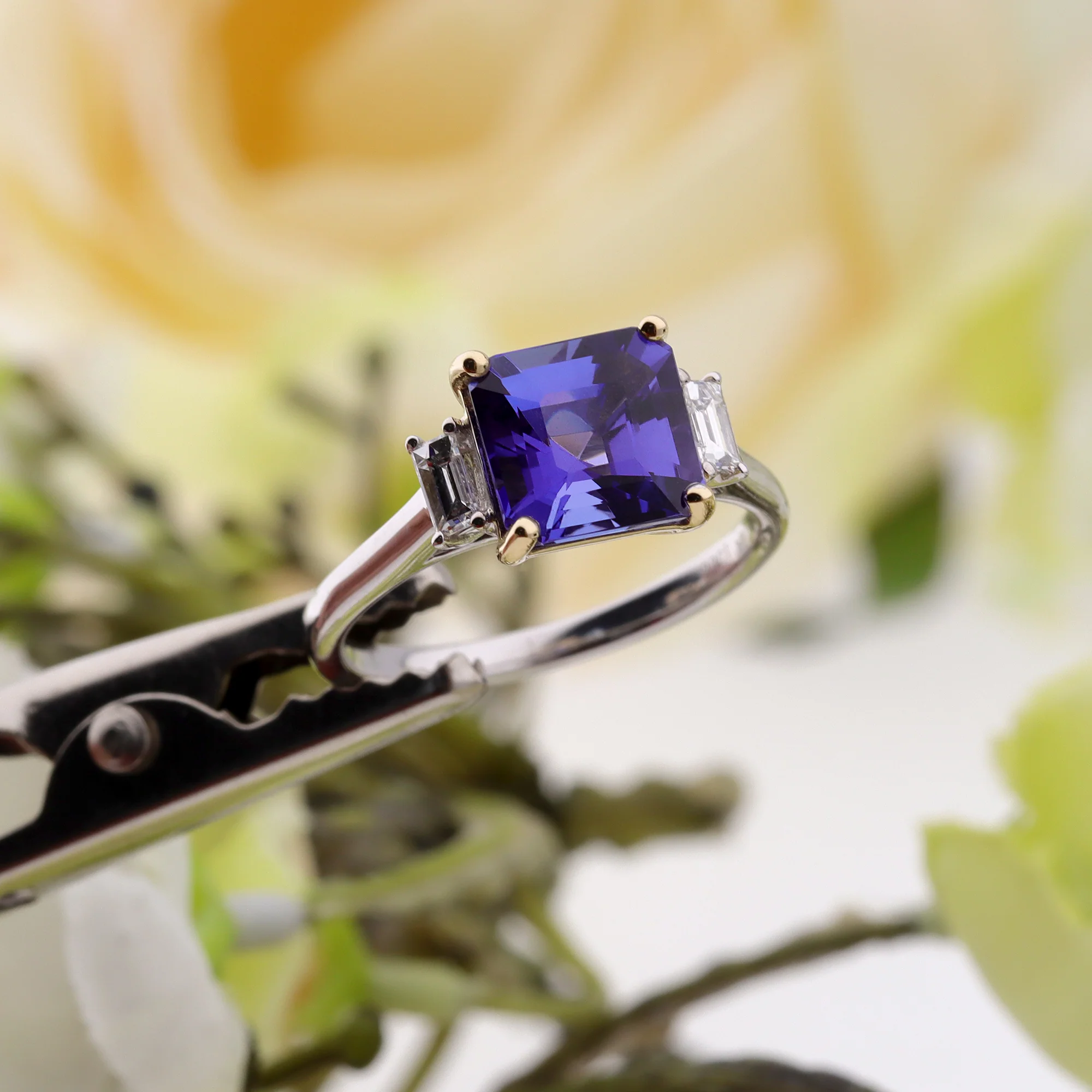 Tanzanite and Diamond Step Cut 18ct Yellow and White Gold Three Stone Ring (M) - Image 7