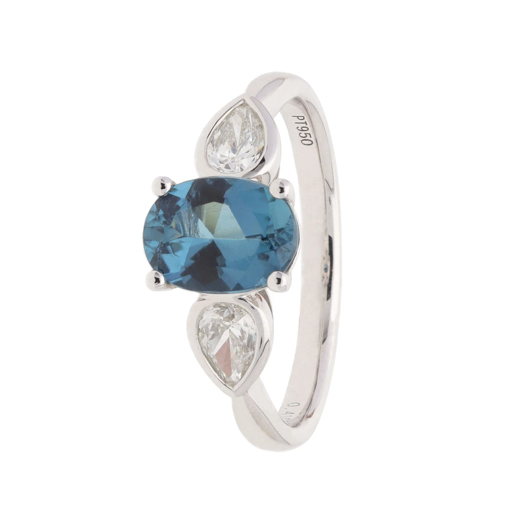Teal Tourmaline and Diamond Platinum Trilogy Ring - Image 2
