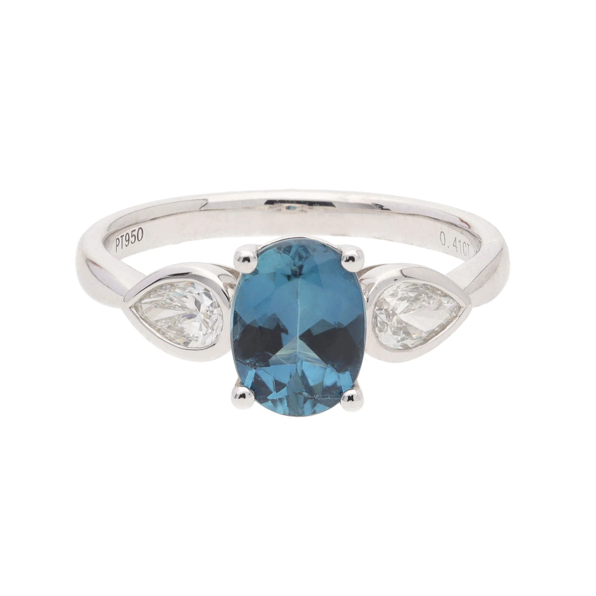 Teal Tourmaline and Diamond Platinum Trilogy Ring - Image 3