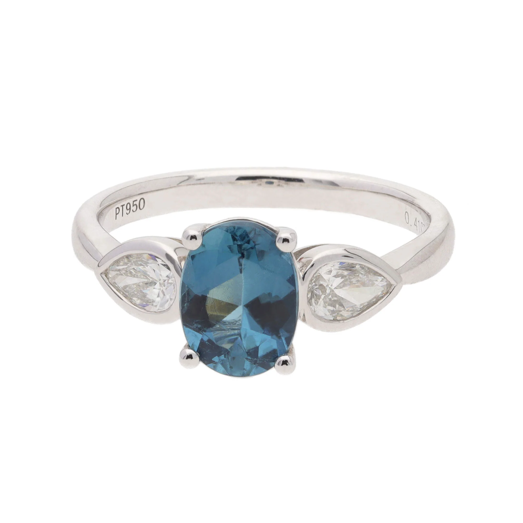 Teal Tourmaline and Diamond Platinum Trilogy Ring - Image 4