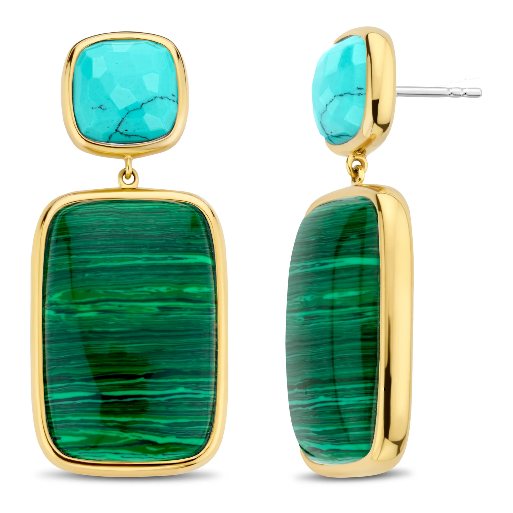 Ti Sento Malachite Green and Turquoise Blue Yellow Gold Plated Drop Earrings 7876MA