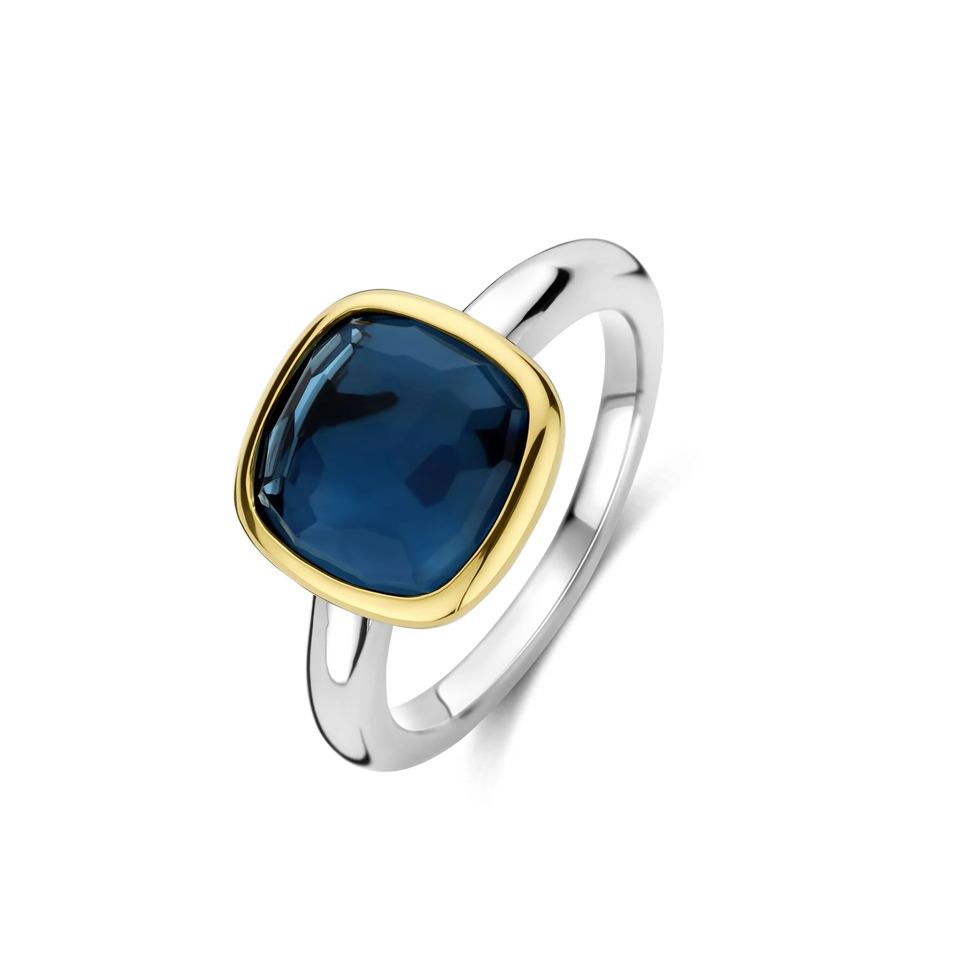 Ti Sento Yellow Gold Plated Dark Blue Crystal Cushion Solitaire Ring 12351DB (56)
