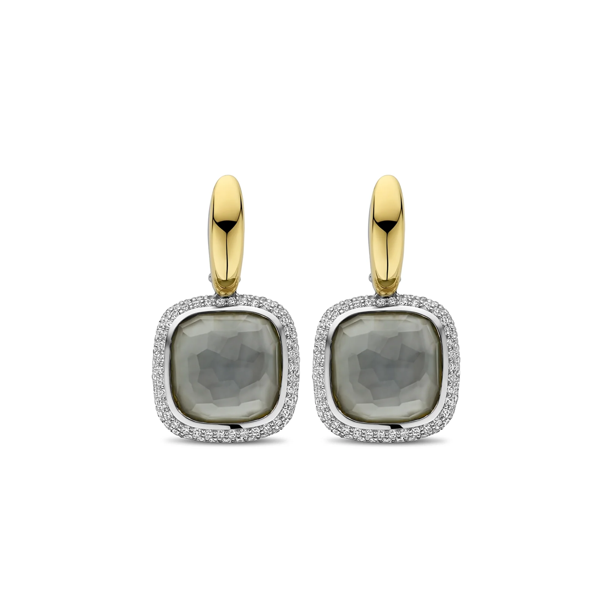 Ti Sento Yellow Gold Plated Grey Crystal and Cubic Zirconia Drop Hoop Earrings 7968BL - Image 2