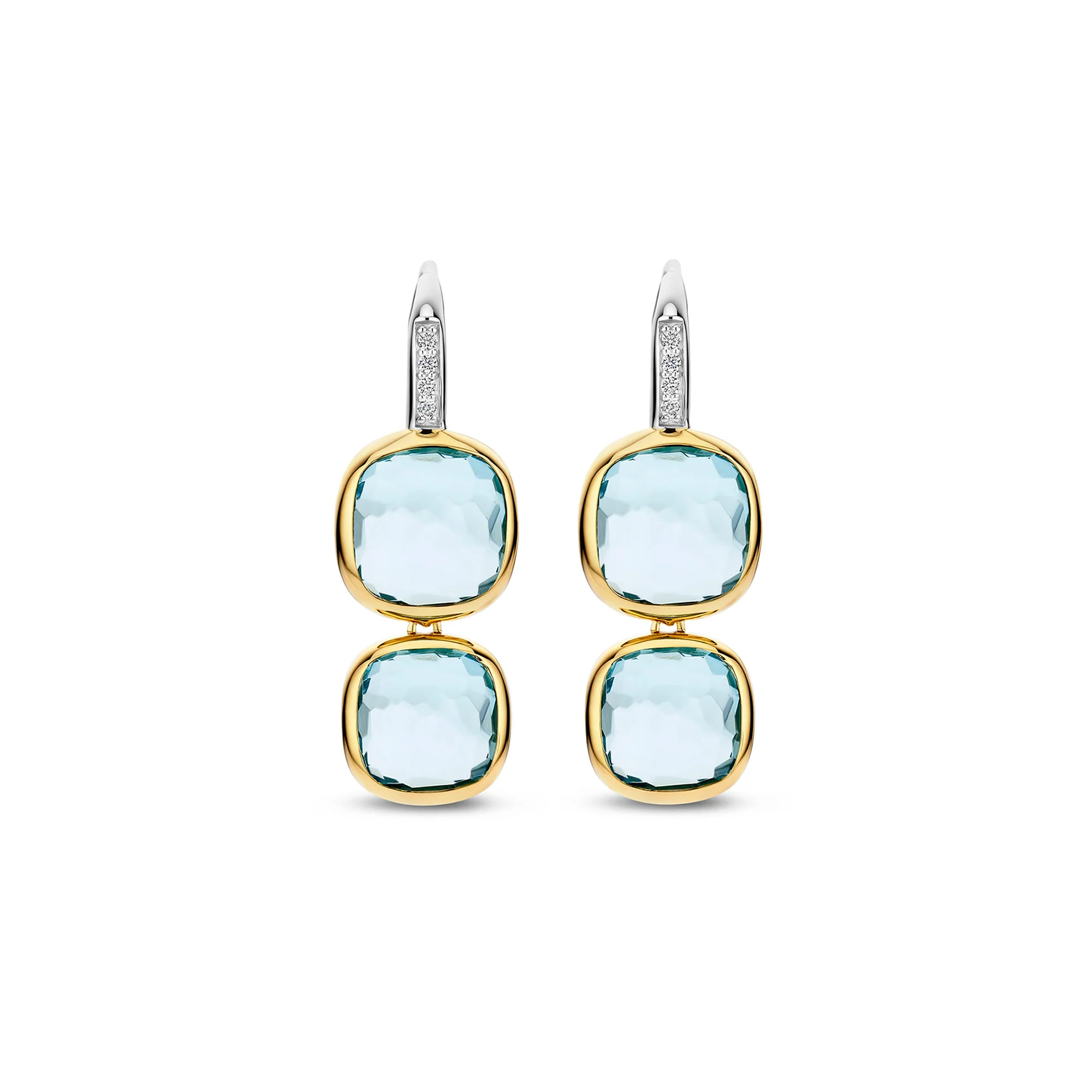 Ti Sento Yellow Gold Plated Light Blue Crystal and Cubic Zirconia Double Cushion Drop Earrings 78054TY - Image 2