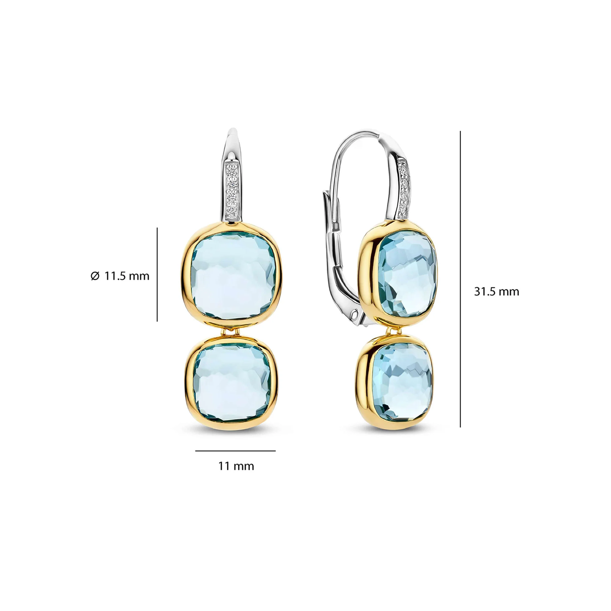 Ti Sento Yellow Gold Plated Light Blue Crystal and Cubic Zirconia Double Cushion Drop Earrings 78054TY - Image 3