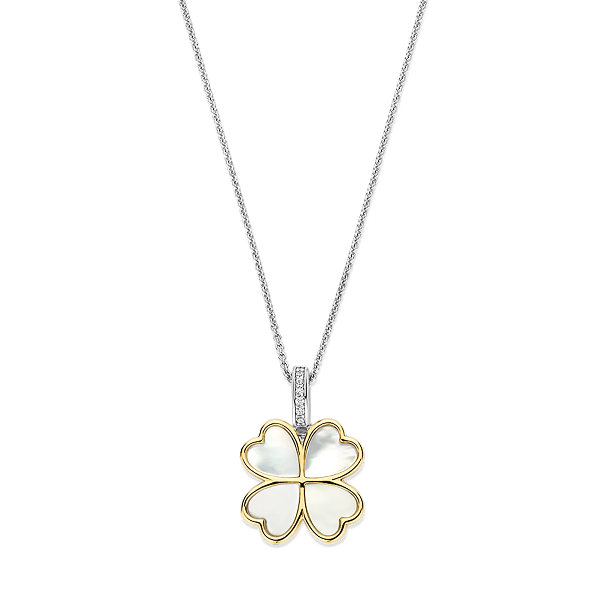 Ti Sento Yellow Gold Plated Mother of Pearl White and Cubic Zirconia Clover Pendant 6821MW