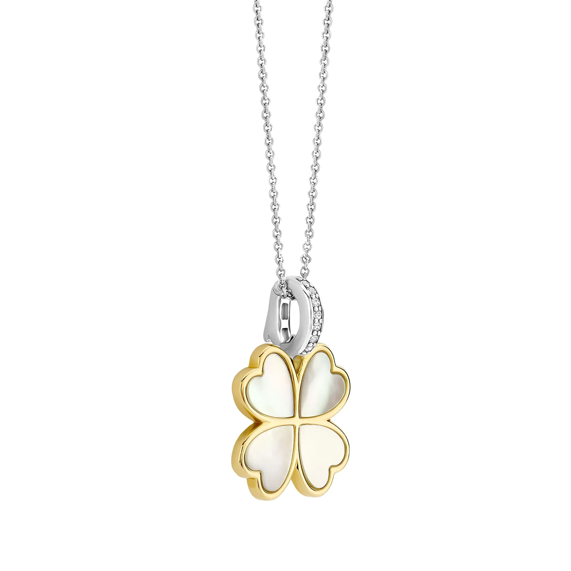 Ti Sento Yellow Gold Plated Mother of Pearl White and Cubic Zirconia Clover Pendant 6821MW - Image 2