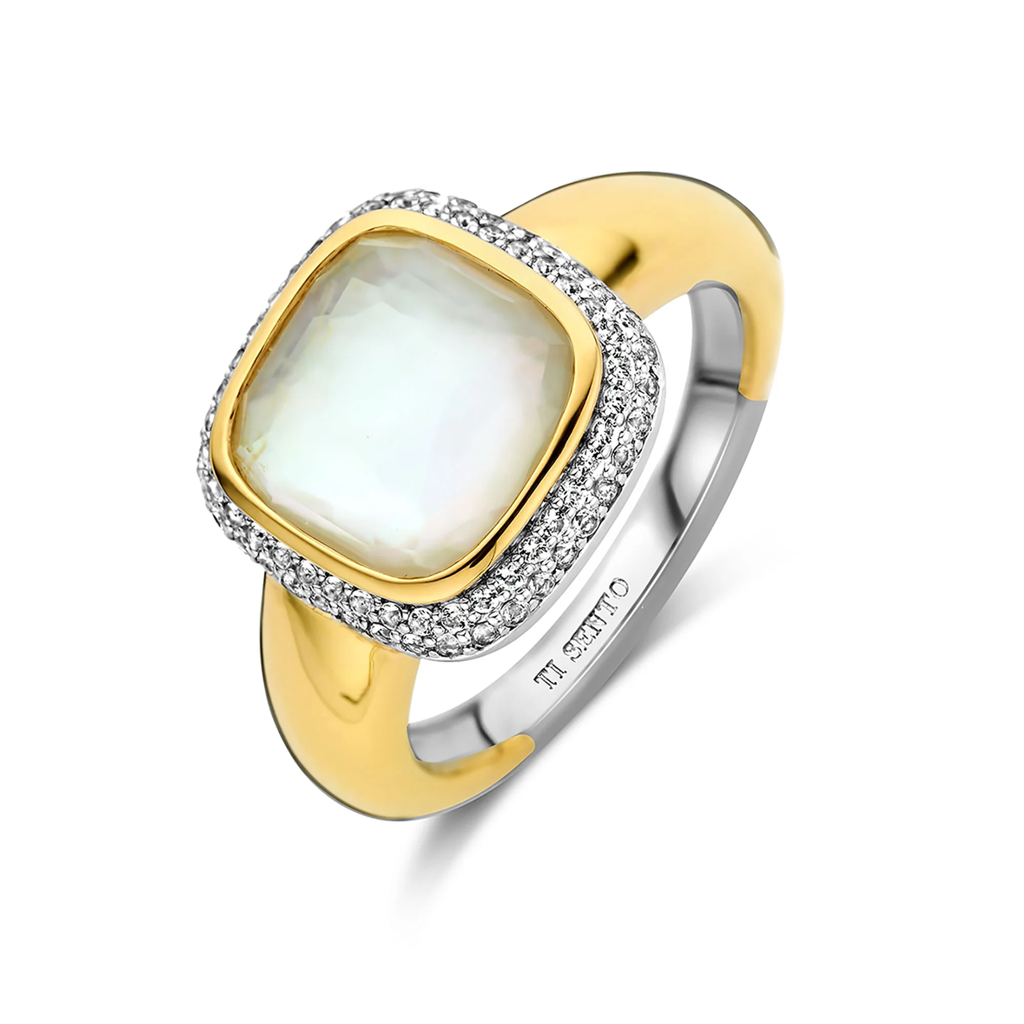 Ti Sento Yellow Gold Plated Mother of Pearl White and Cubic Zirconia Cluster Ring 12330MW (56)