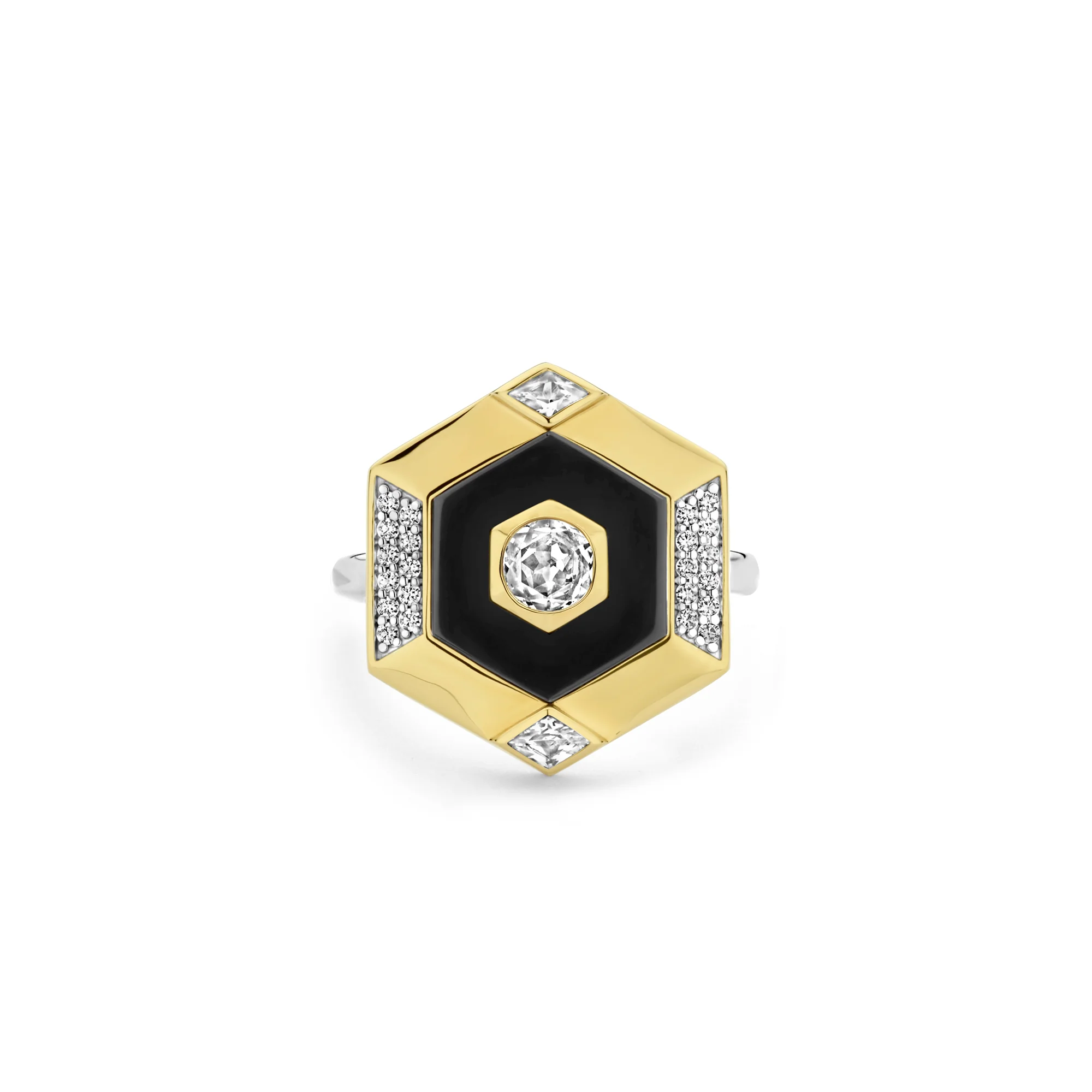 Ti Sento Yellow Gold Plated Onyx Black and Cubic Zirconia Hexagonal Ring 12356BL (56) - Image 3