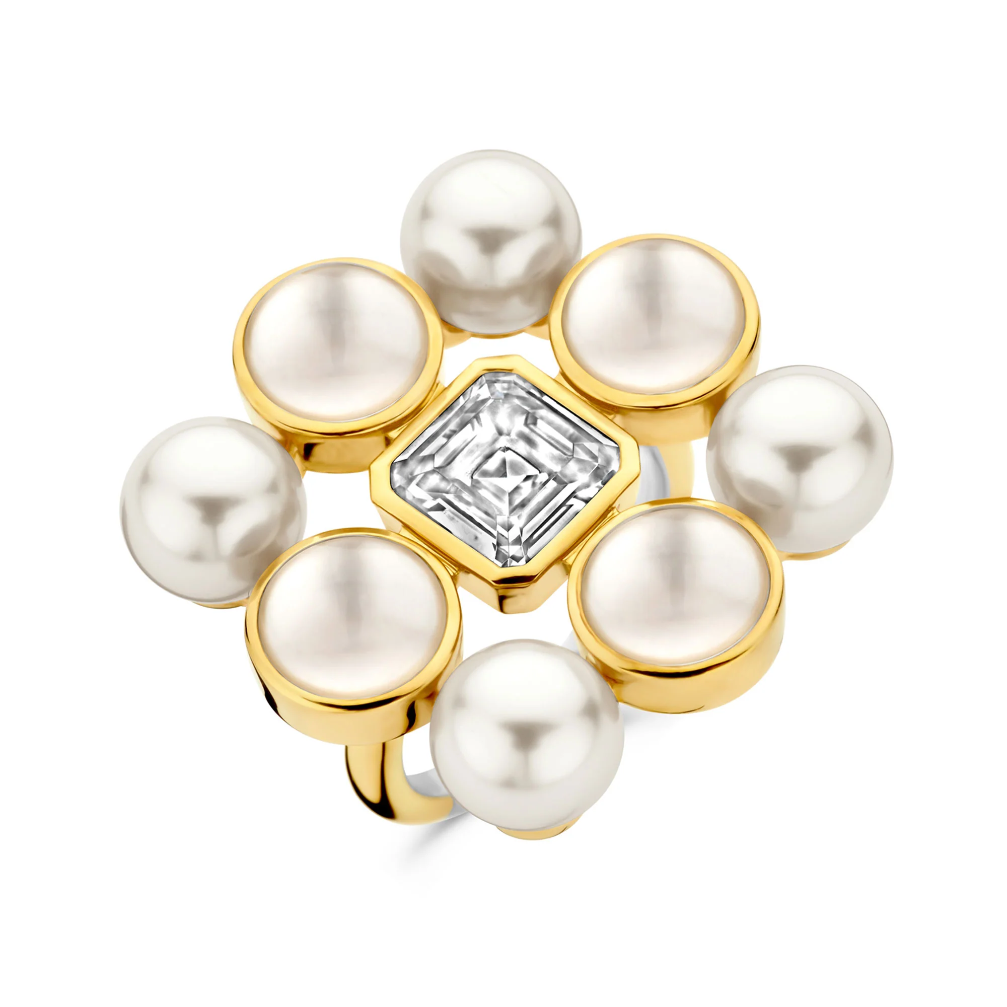 Ti Sento Yellow Gold Plated Synthetic Pearl and Cubic Zirconia Cluster Ring 12324YP (54)