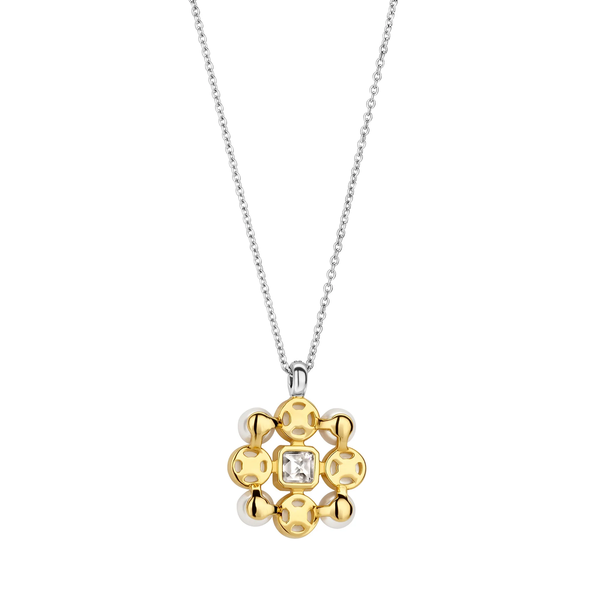 Ti Sento Yellow Gold Plated Synthetic Pearl and Cubic Zirconia Necklace 34046YP - Image 3