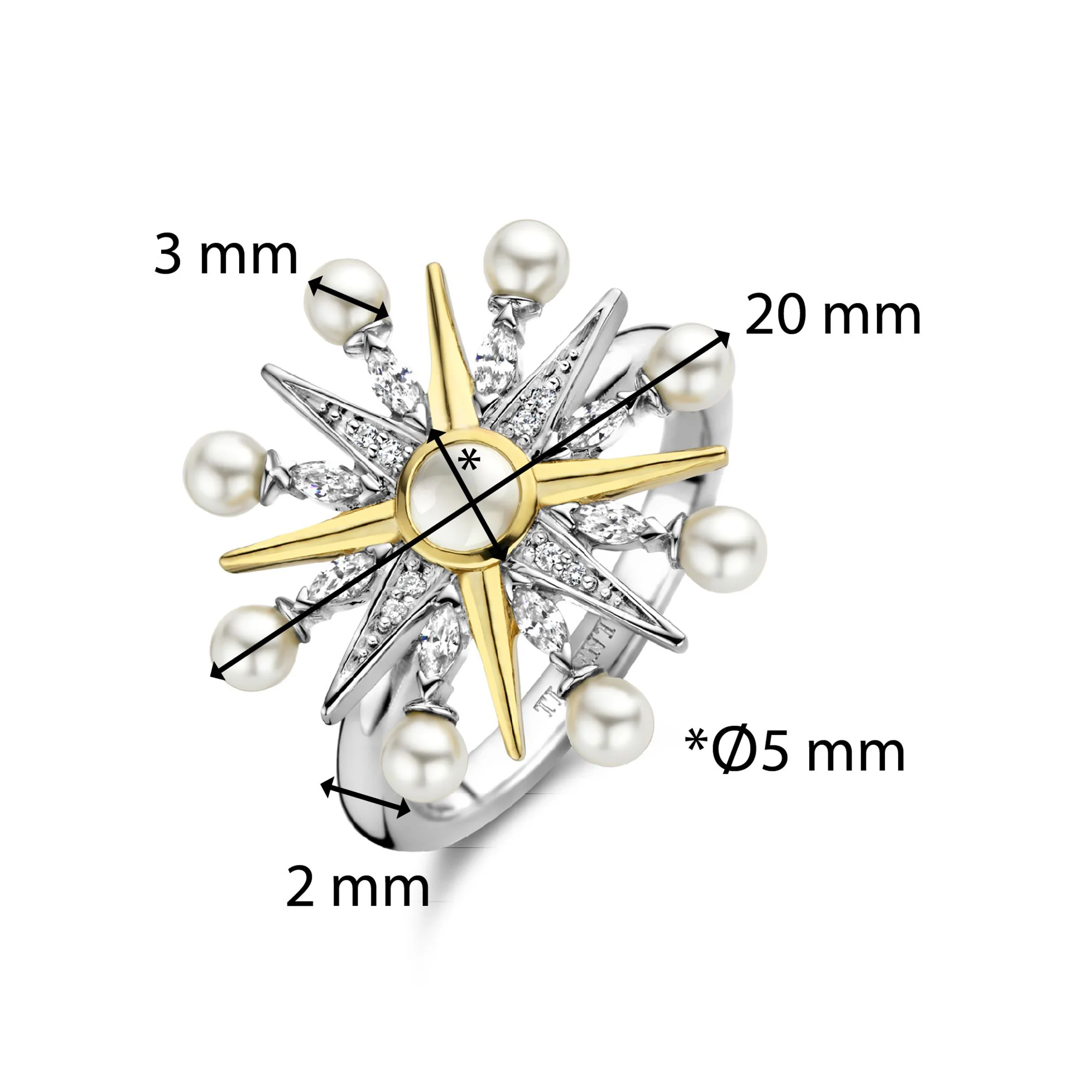 Ti Sento Yellow Gold Plated Synthetic Pearl and Cubic Zirconia Star Ring 12301YP (54) - Image 4