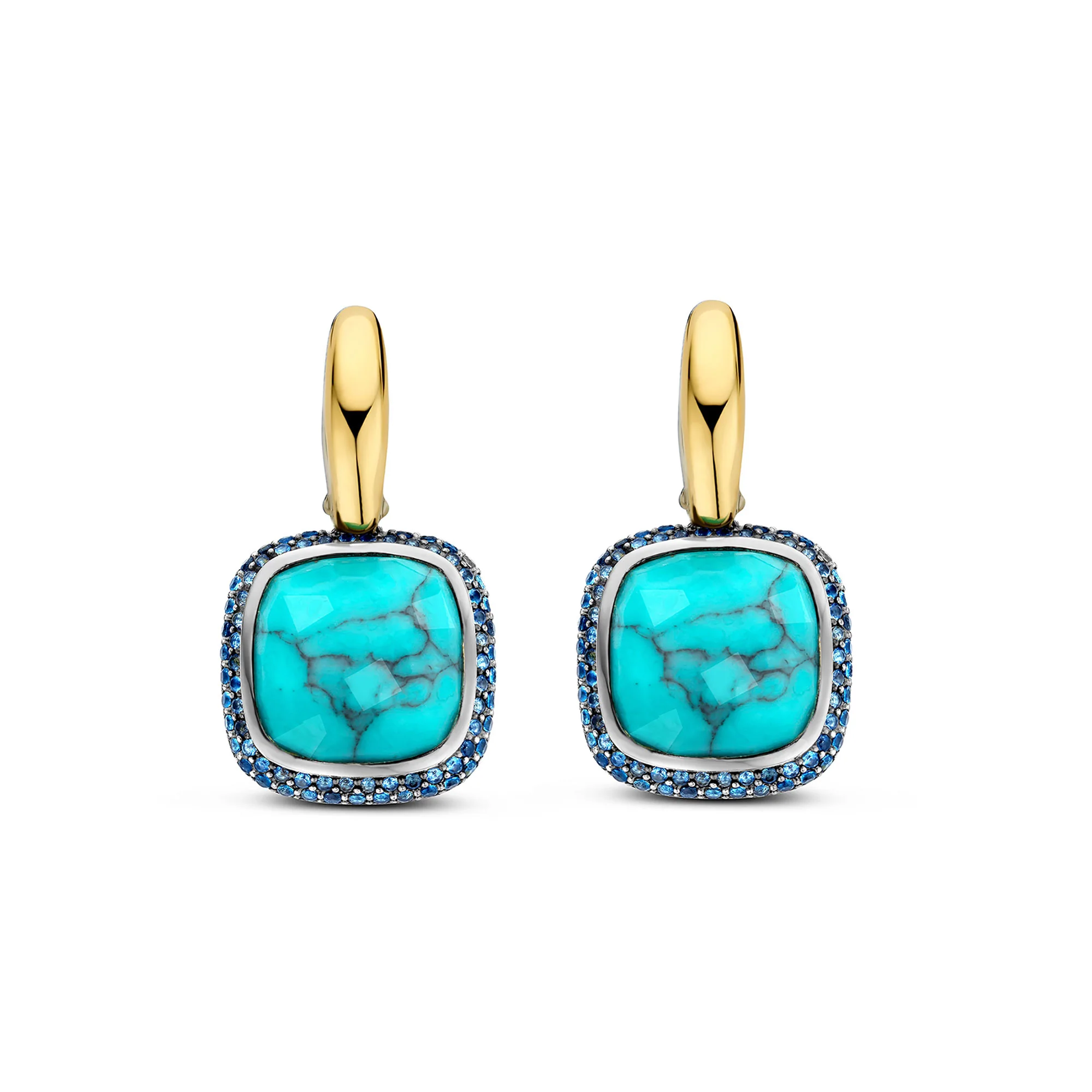 Ti Sento Yellow Gold Plated Turquoise Blue and Blue Cubic Zirconia Drop Hoop Earrings - Image 2