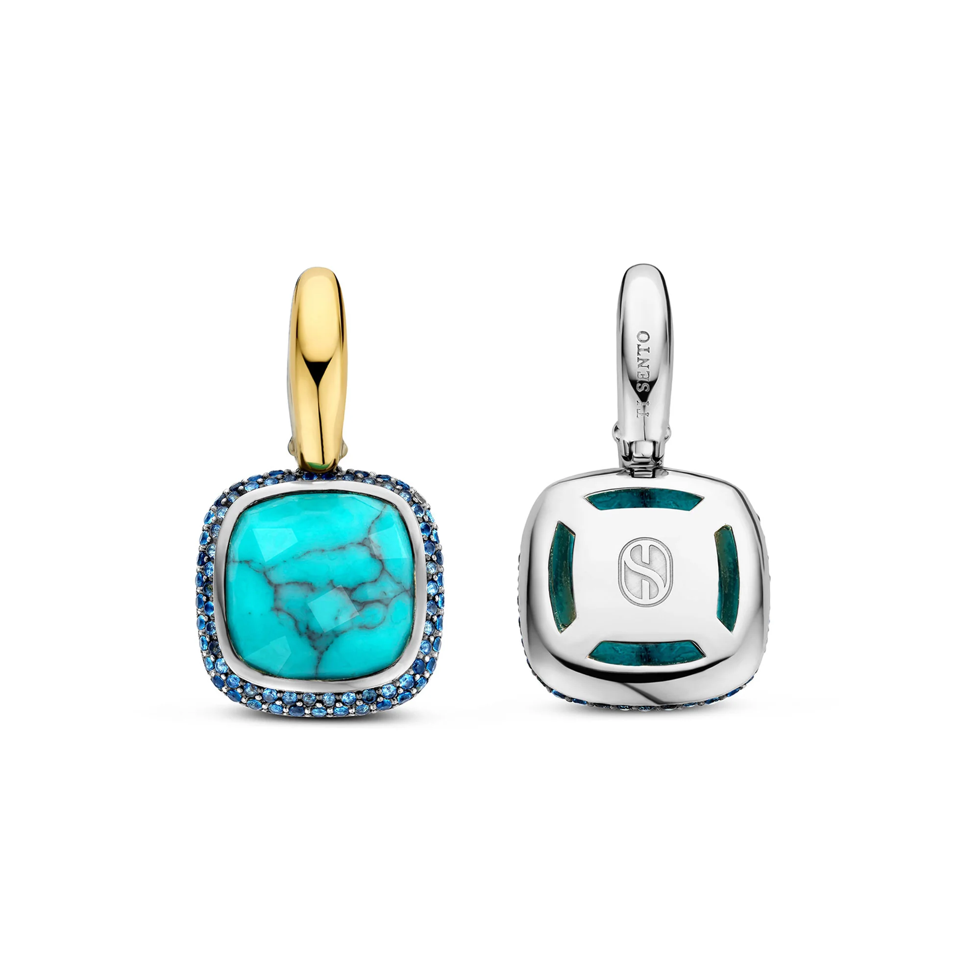 Ti Sento Yellow Gold Plated Turquoise Blue and Blue Cubic Zirconia Drop Hoop Earrings - Image 3